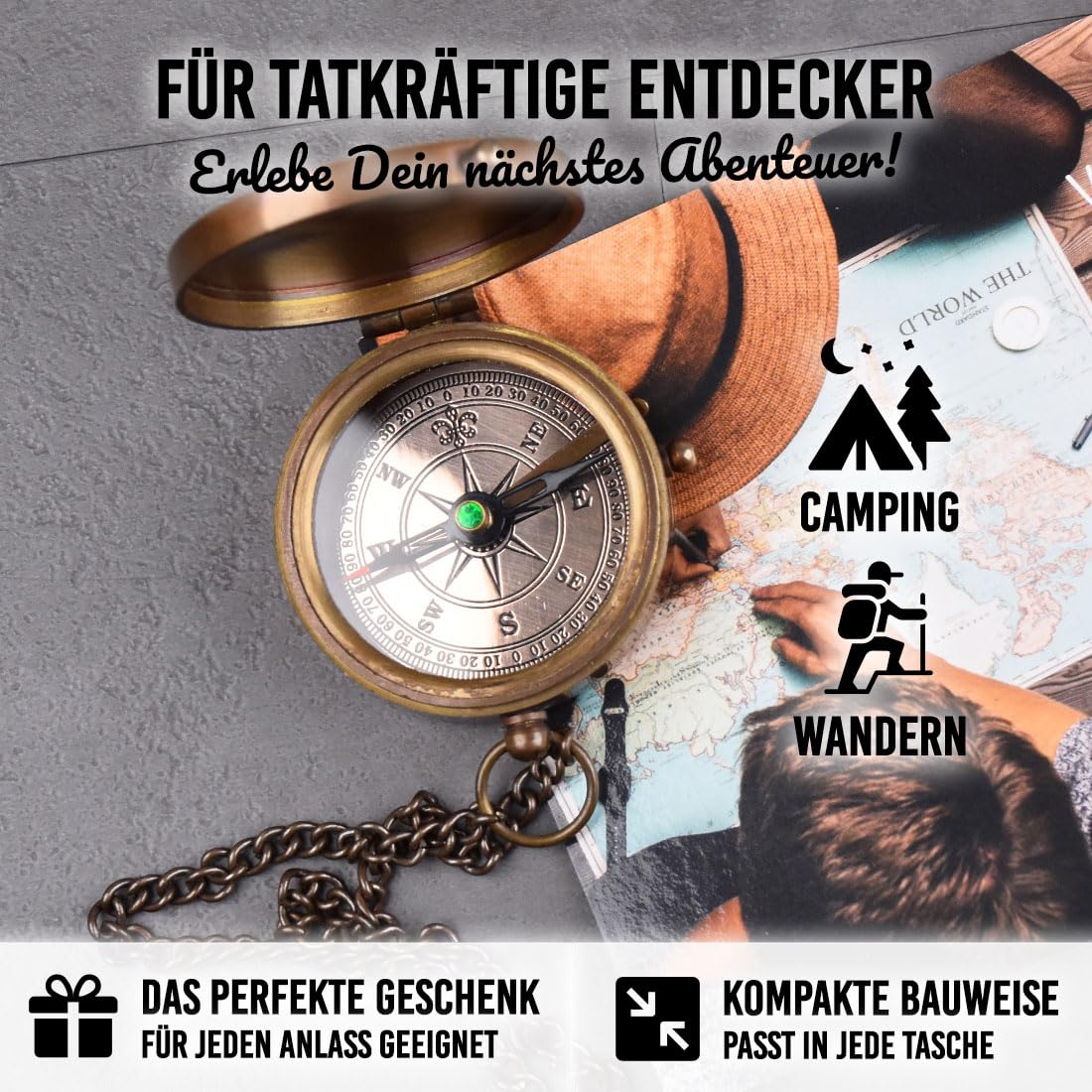 polar-effekt Bronze Metall Kompass mit Gravur - Geschenke für Frauen & Männer - Taschenkompass für Outdoor & Camping - Wanderkompass mit Metallkette