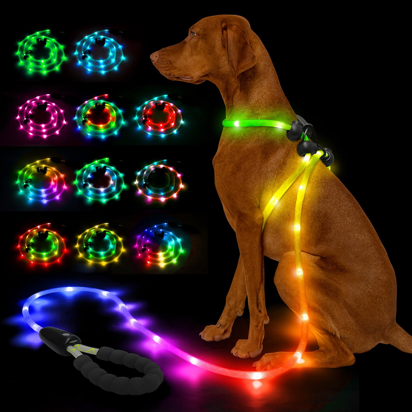 YFbrite 3-in-1 Hundegeschirr Leuchtend & Leuchthalsband Hund & LED Hundeleine – 15 Modi, Wiederaufladbare Hundeleinen Type-C Wiederaufladbar und wasserdicht – mittelgroße und große Hunde(9Ft)