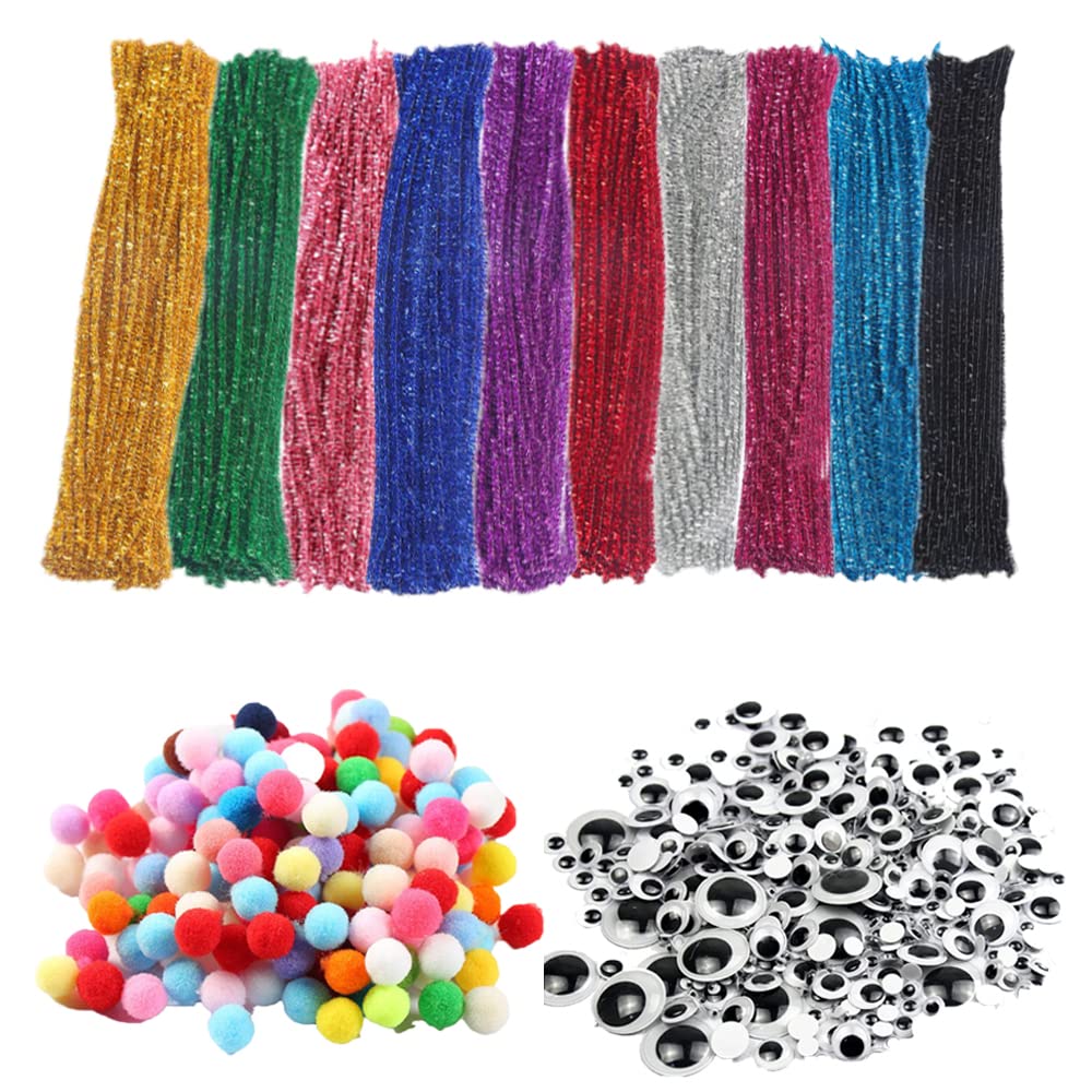 900 pcs Pipe Cleaners Set, Including 300 pcs Chenille Stems, 500 pcs Pom Poms and 100 Pcs 8 Size Wiggle Googly Eyes for Halloween Christmas Craft DIY Art Supplies Creative Decorations School Projects