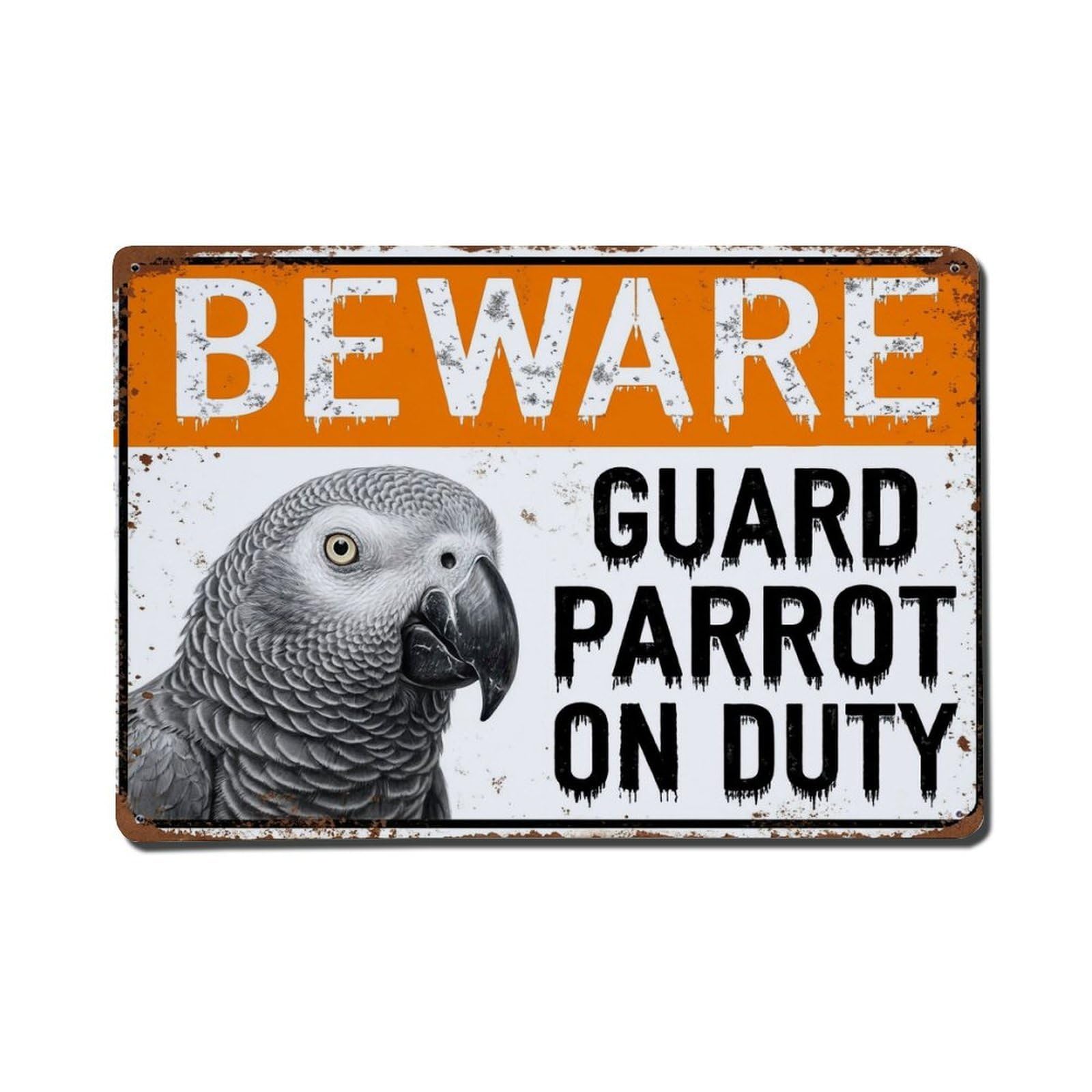 Vintage Funny Parrot Guard Beware of Bird Landing Metal Tin Sign