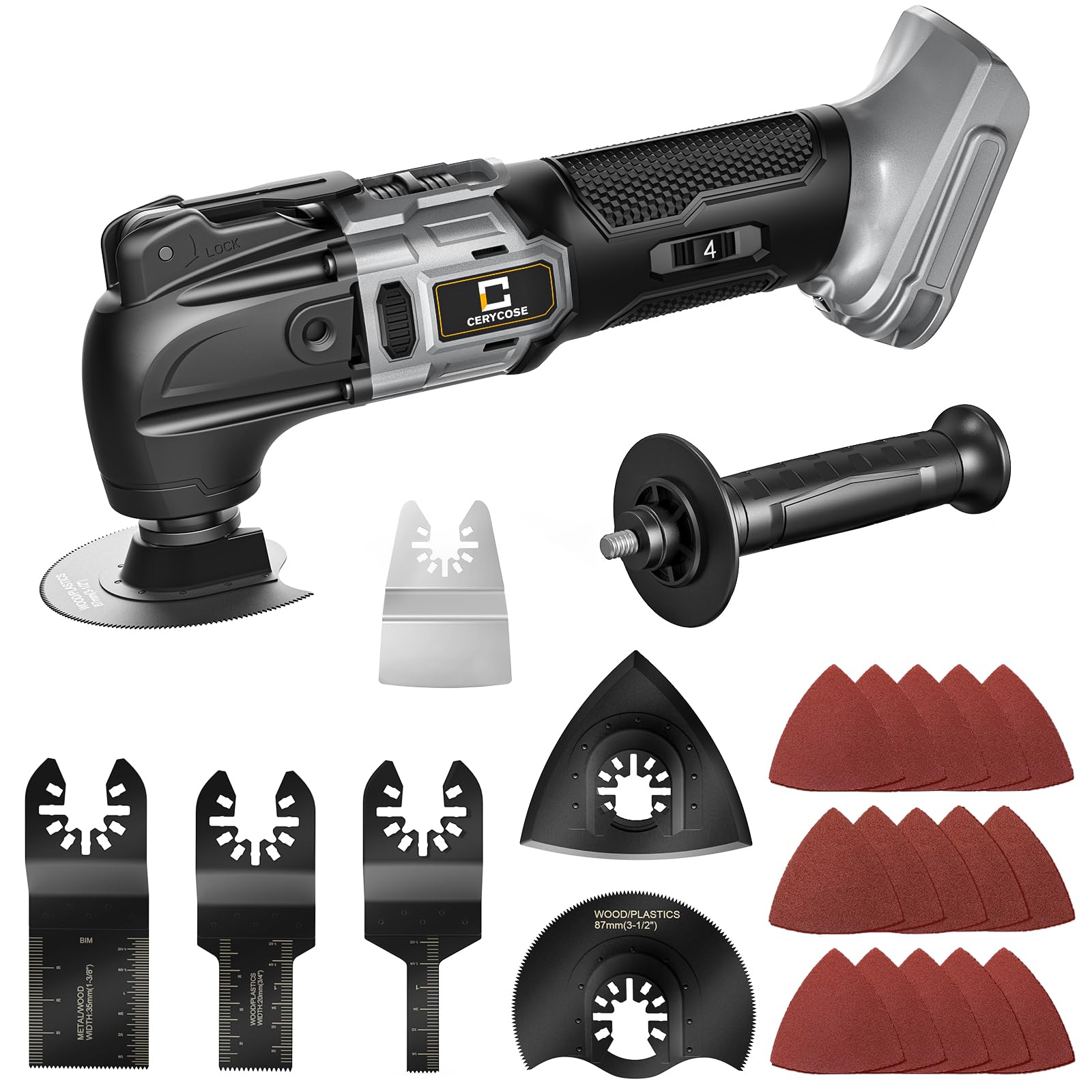 CerycoseCordless Oscillating Tool for Dewalt 20V Battery, Brushless-Motor Tool with Auxiliary Handle, 6 Variable Speed Oscillating Multi-Tool for Scraping, Sanding,Cutting Wood(Battery Not Included)