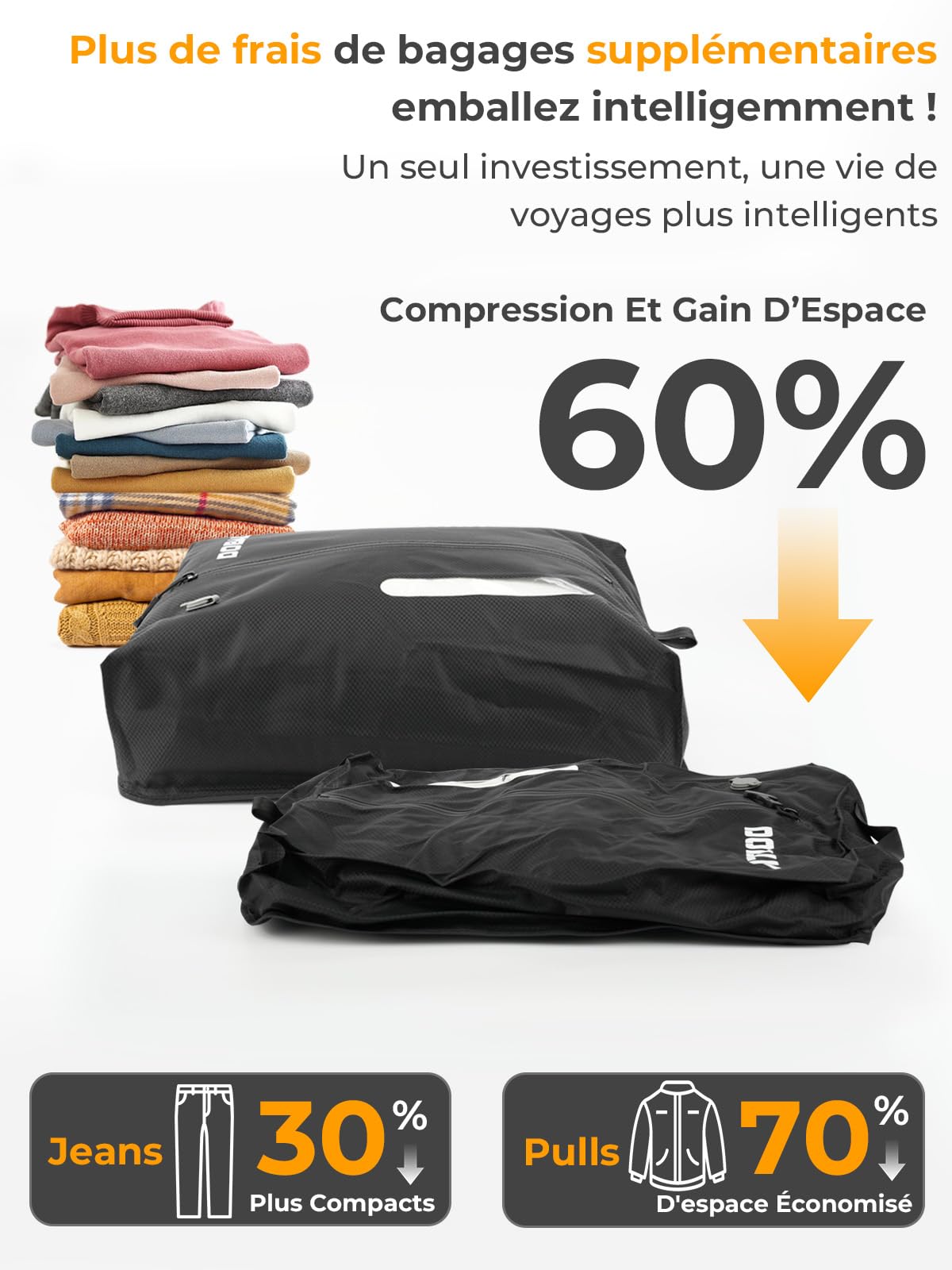 Dobaly Sacs à Vide Professionnels pour le Voyage, Sacs de Compression Réutilisables IP67 pour les Valises et les Sacs à Dos – Compacts et Durables-24L (2 Pièces, Sans Pompe)