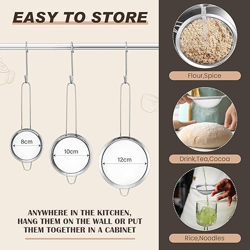 Miniatura 3 de Norme Colador plateado de acero inoxidable de 4 cuartos y 3 coladores de malla fina plateada, colador de metal para pasta, arroz y alimentos con