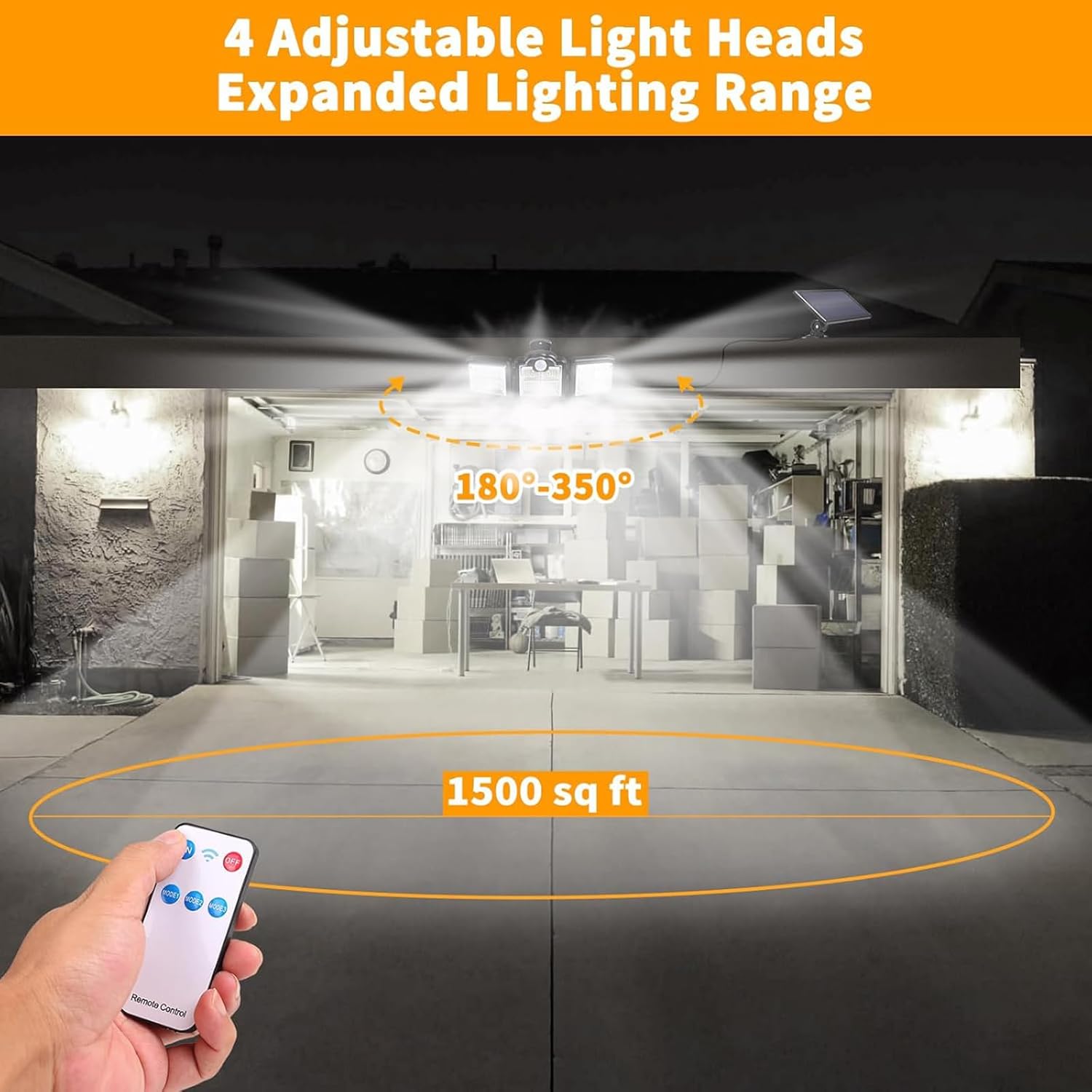 Solar Motion Sensor Light, IP65 Waterproof Outdoor Security Light, 3-Head Adjustable Rotatable Solar Lamp with Remote 3 Modes, Energy-Efficient for Garden/Garage (White, 1 Pack)