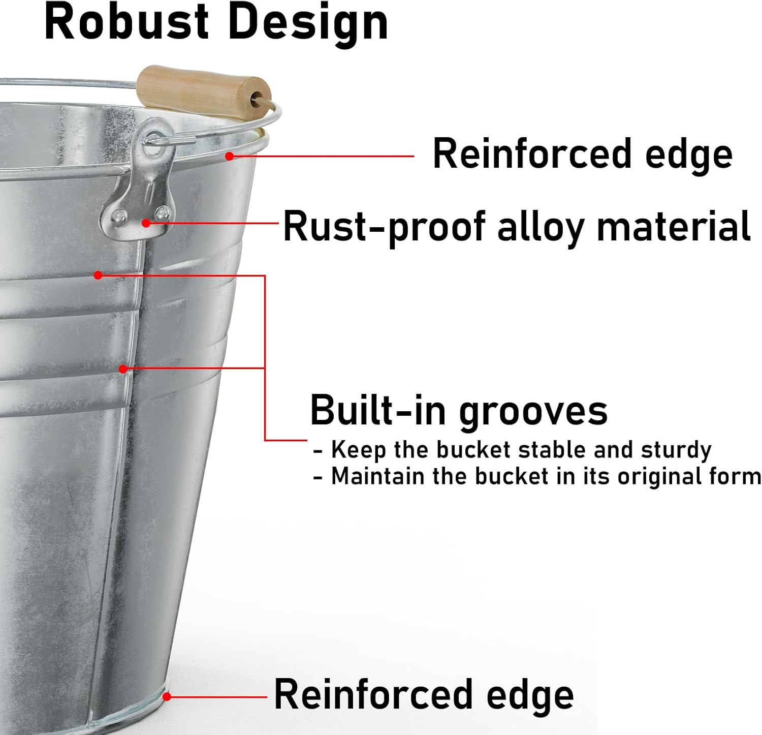 4 Gallon Galvanized Ice Bucket - Large Rustproof Metal Bucket Drink Tub with Wood Handles - 13" Beverage Bucket for Party BBQ Wedding Home Décor & Storage - 13"L x 13"W x 12"H - 2 Pack