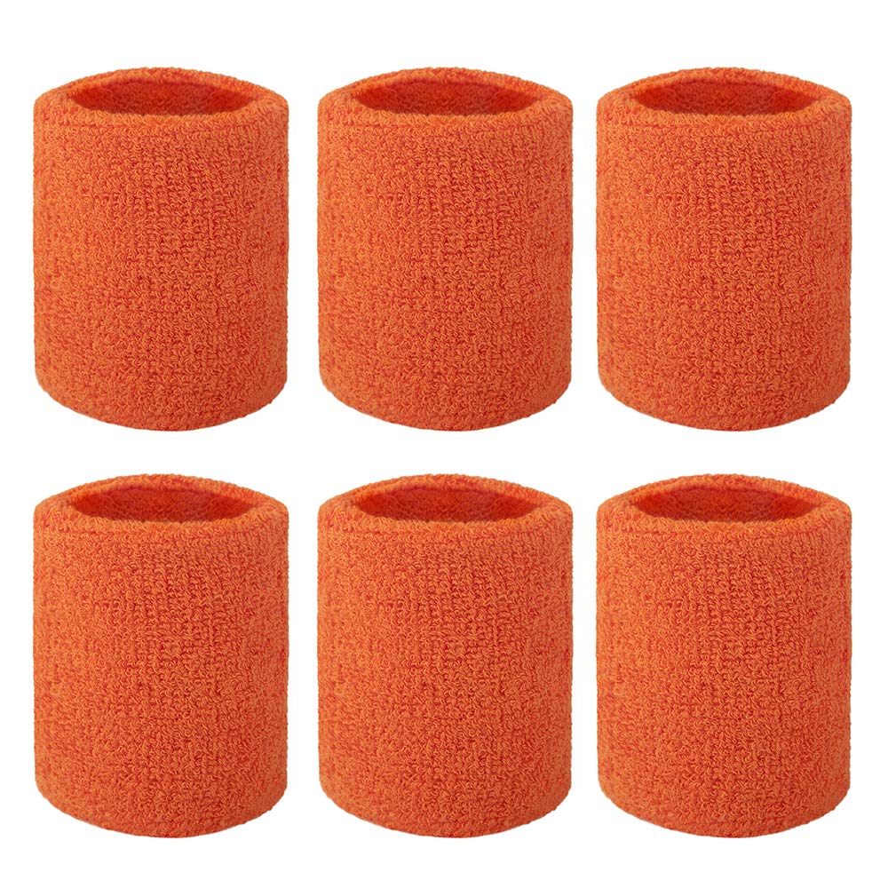 GOGO 6-Piece Wrist Sweatbands Athletic Cotton Terry Cloth Wristband 2 Sizes-Orange-6 inch
