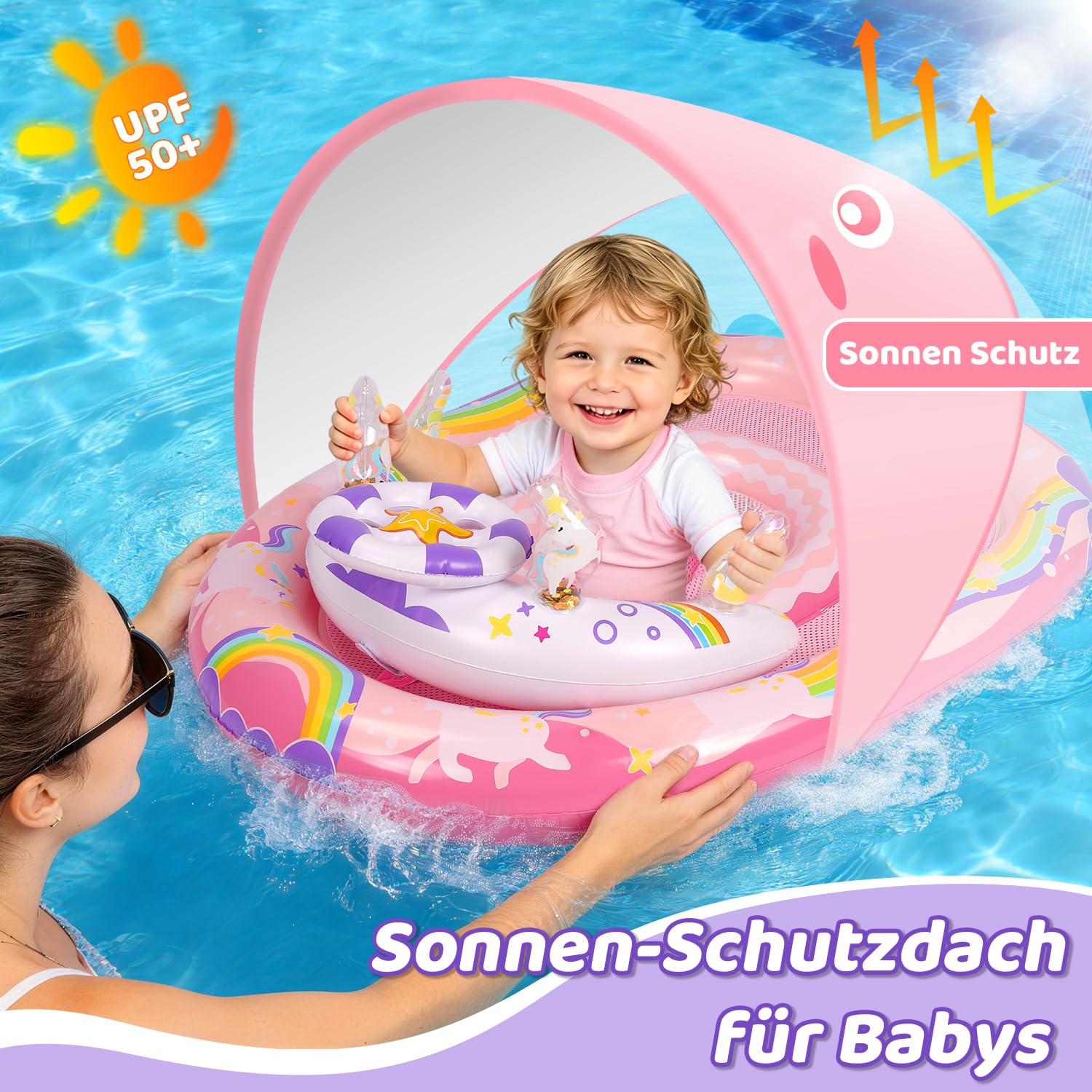 ACELIFE Galleggiante gonfiabile per piscina con sedile di sicurezza regolabile, doppia camera d'aria, struttura sicura, unicorno per piscina e piscina