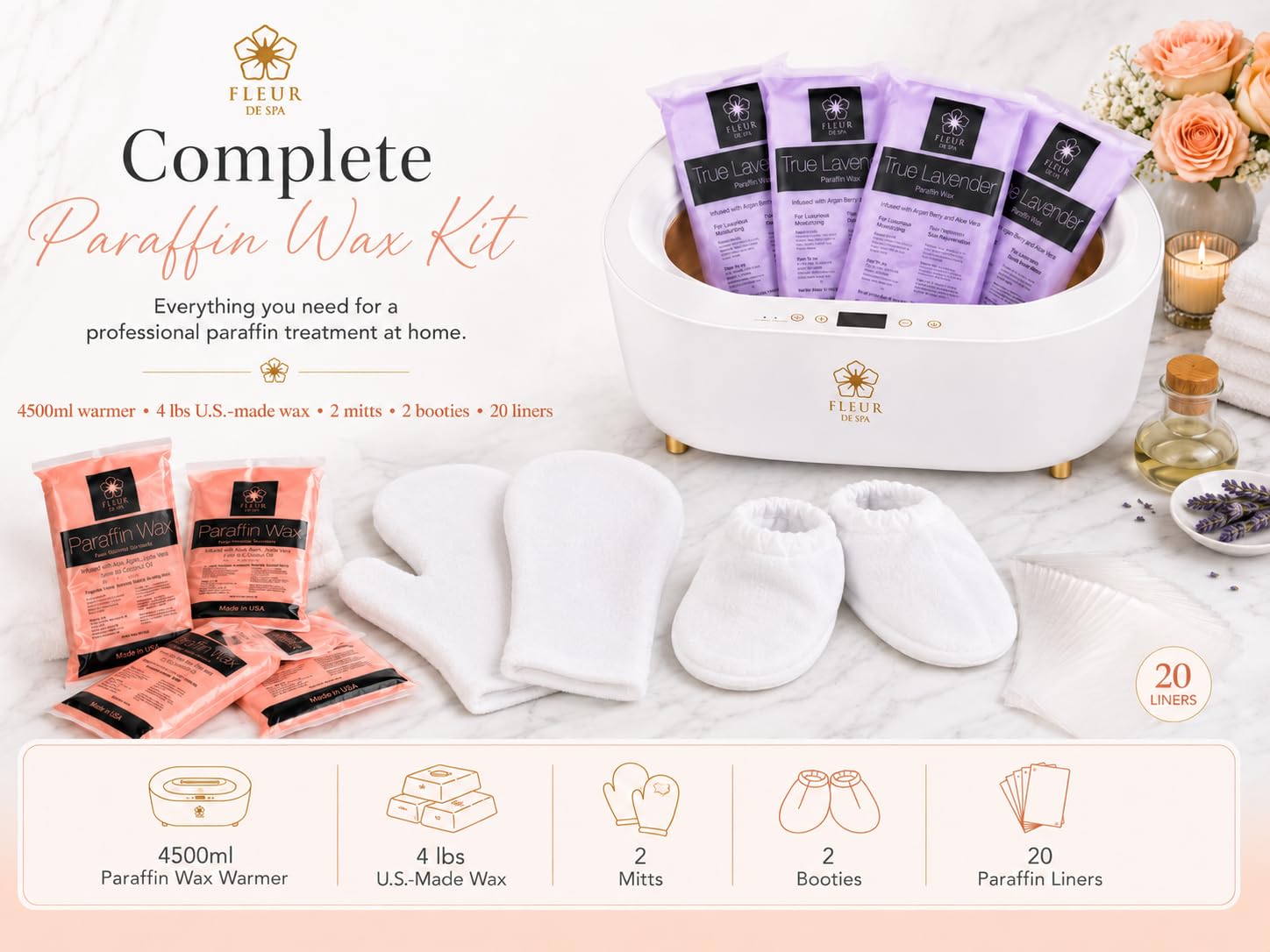 fleur de spa - Macchina per cera di paraffina per mani e piedi, scaldacera di paraffina da 4000 ml, con timer automatico e mantenimento al caldo, include 1,8 kg di cera per trattamenti spa (paraffina