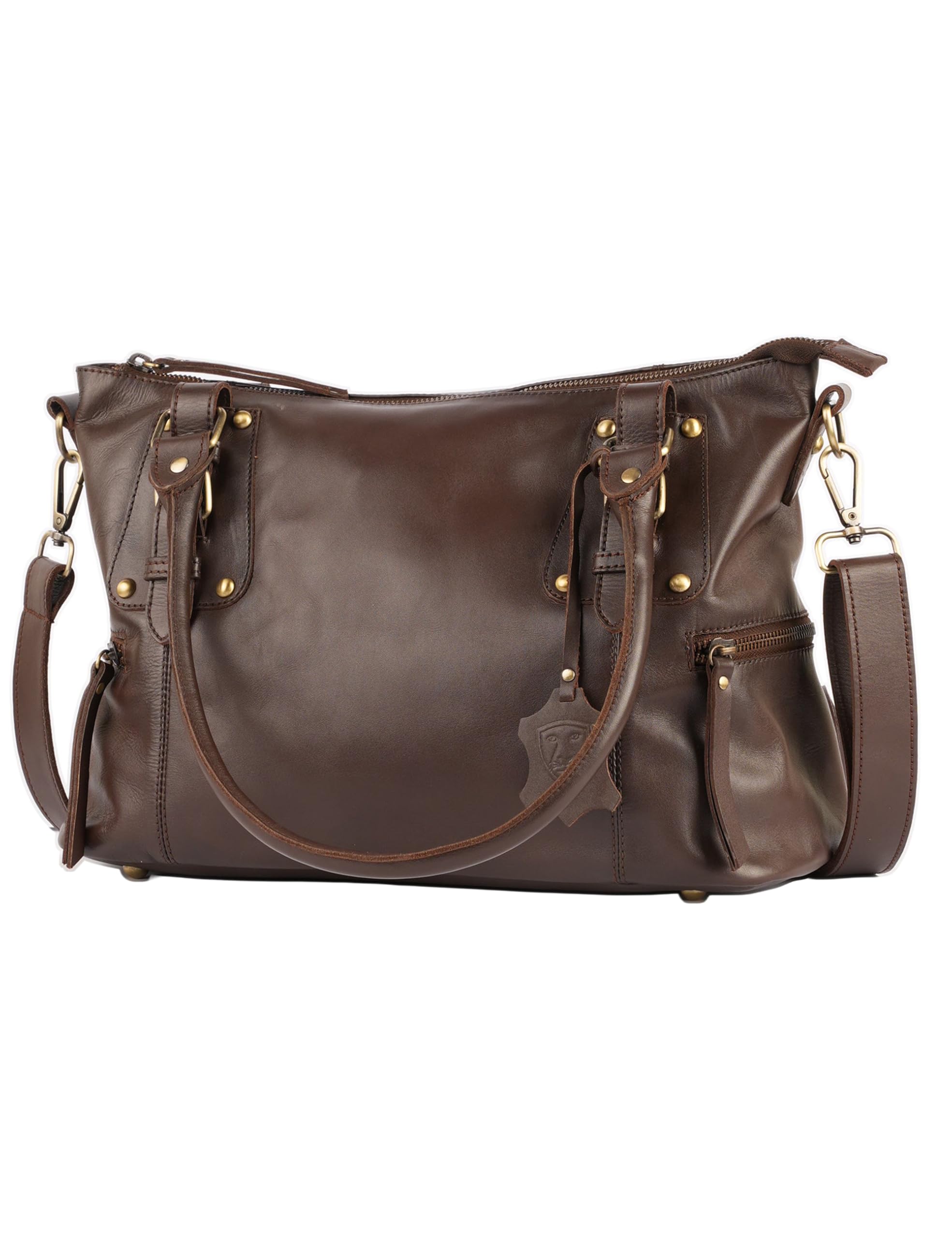 Bolso de mano de piel auténtica de grano completo para mujer, bolso de hombro, marrón, L=13.75", H=10", W=5.5"