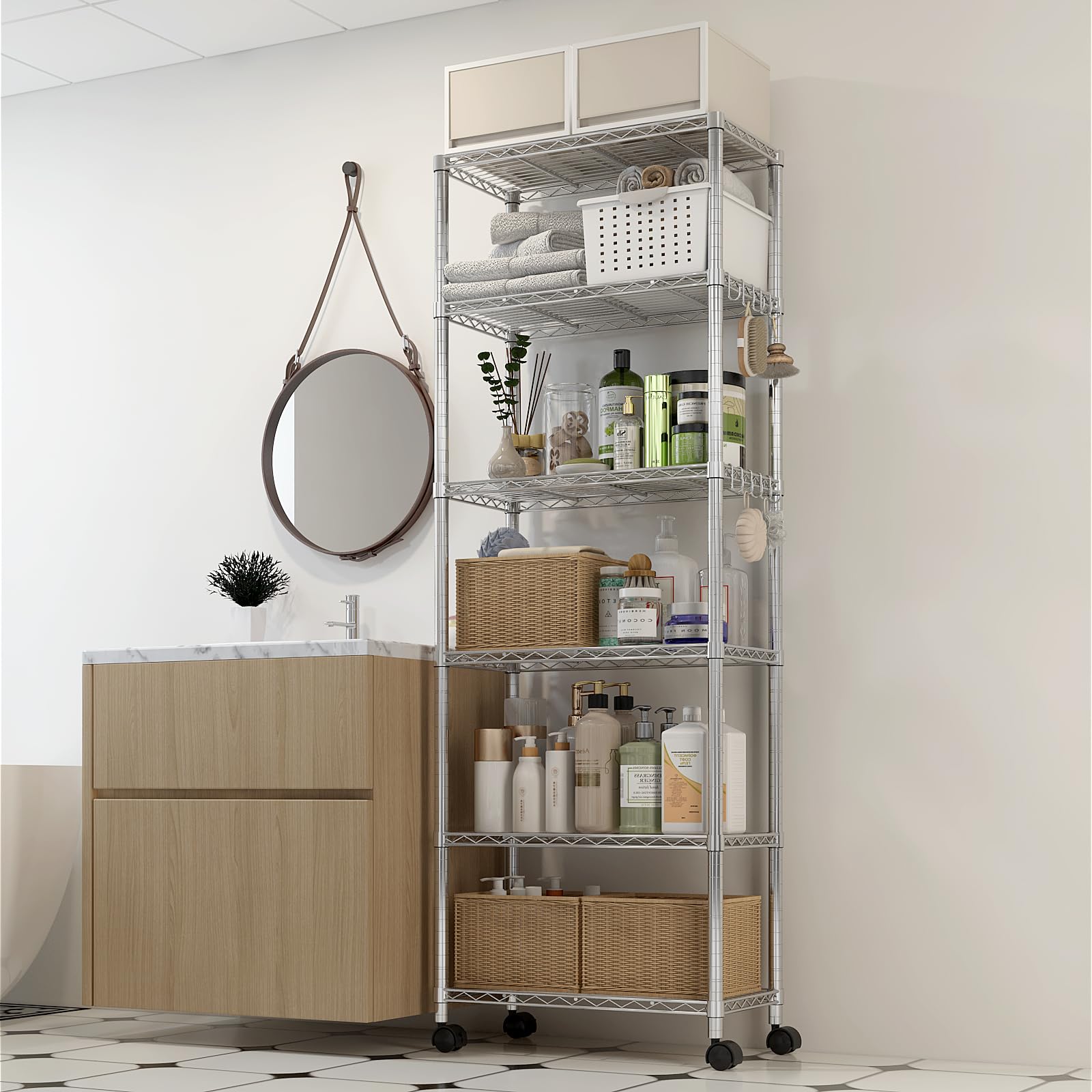 Bonnlo Regal mit Rollen, 6 Gitterböden, Höhenverstellbaren Einlegeböden und 10 Haken, Metallregal, Lagereinheit, Küchenregal, Kellerregal, 60 × 35 × 182cm, Silber