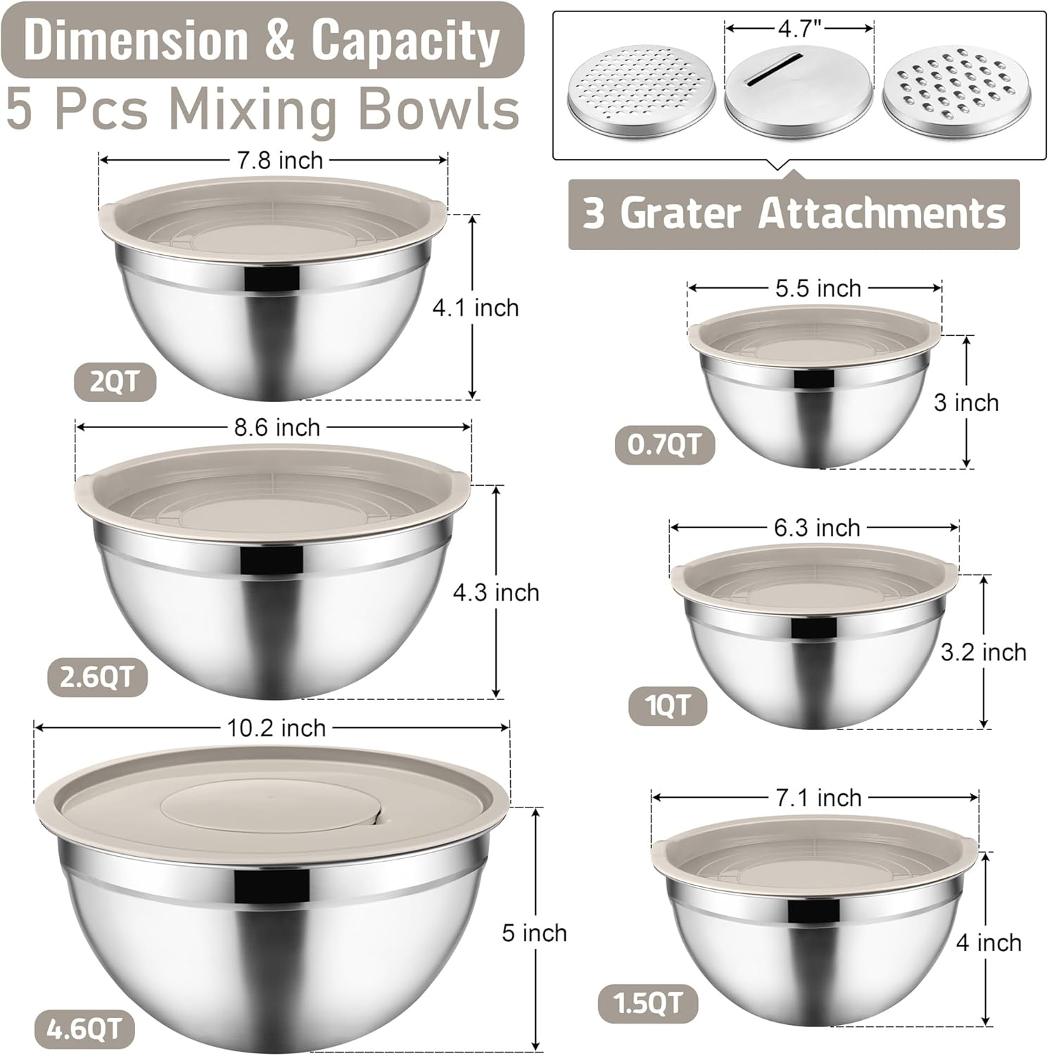 Mixing Bowls with Lids Set of 9, Vesteel Stainless Steel Mixing Bowls Metal Nesting Salad Bowls Attach with 3 Graters for Kitchen Grating/Shredding, Size 4.6, 2.6, 2, 1.5, 1, 0.7 QT - Khaki