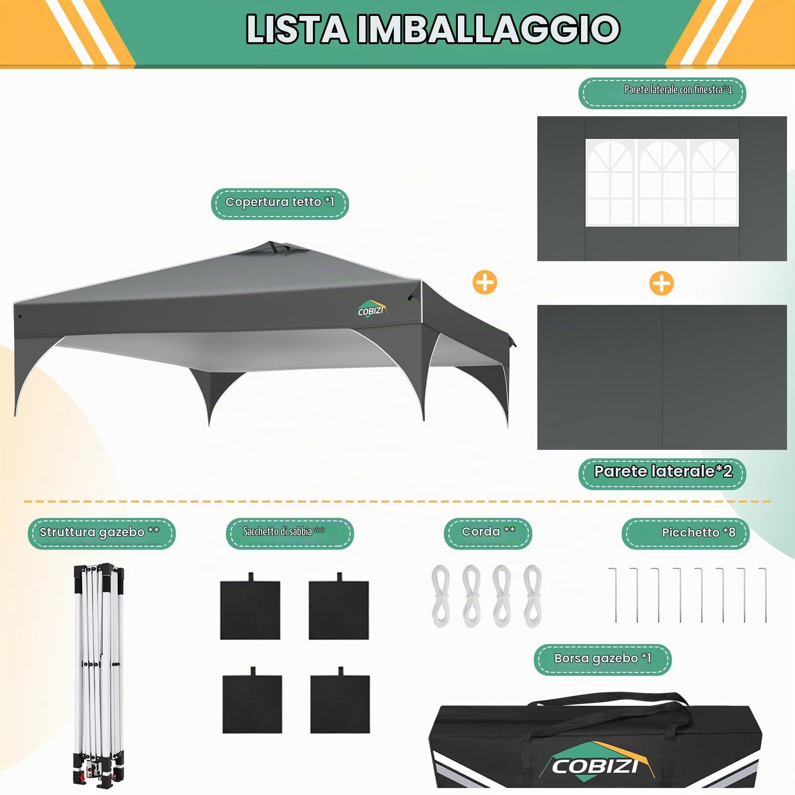 COBIZI Gazebo 3x3 Pieghevole Impermeabile | Gazebo Pieghevole Pop up Regolabile in altezza | Gazebo Campeggio con Prese d'aria, Tubi Fluorescenti e 4 Sacchi di Sabbia, UFP 50+, Grigio