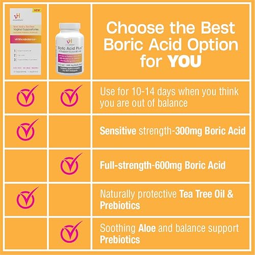 Miniatura 7 de vH Essentials Supositorios vaginales de ácido bórico más prebióticos infundidos con aloe vera relajante, fórmula de apoyo de pH combate el olor