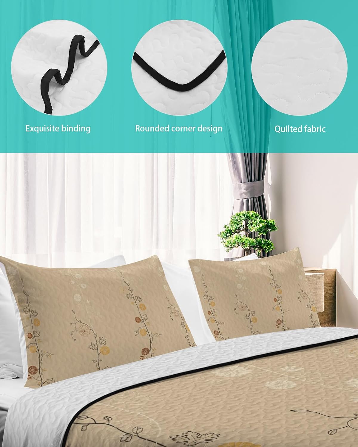 King Size Quilt Set, Japanese Style Flower Lightweight Bedspread Coverlet Set Soft Microfiber Summer Quilt with 2 Pillow Shams, Vintage Country Floral Art 3 Piece Comforter Bedding Set