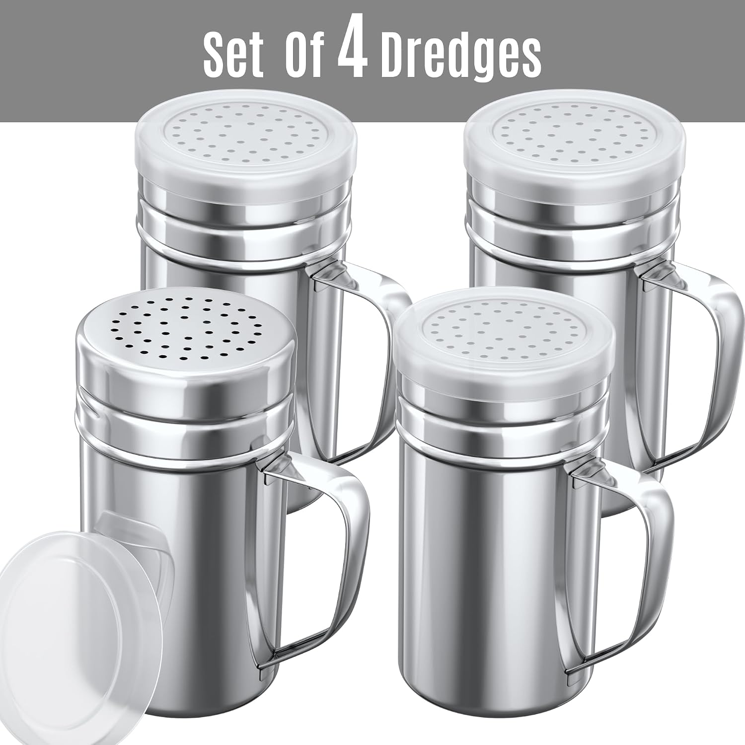 CUSINIUM 14oz Large Stainless Steel Salt Pepper Dredge Shakers - With Plastic Cap - With Handle - Pack of 4