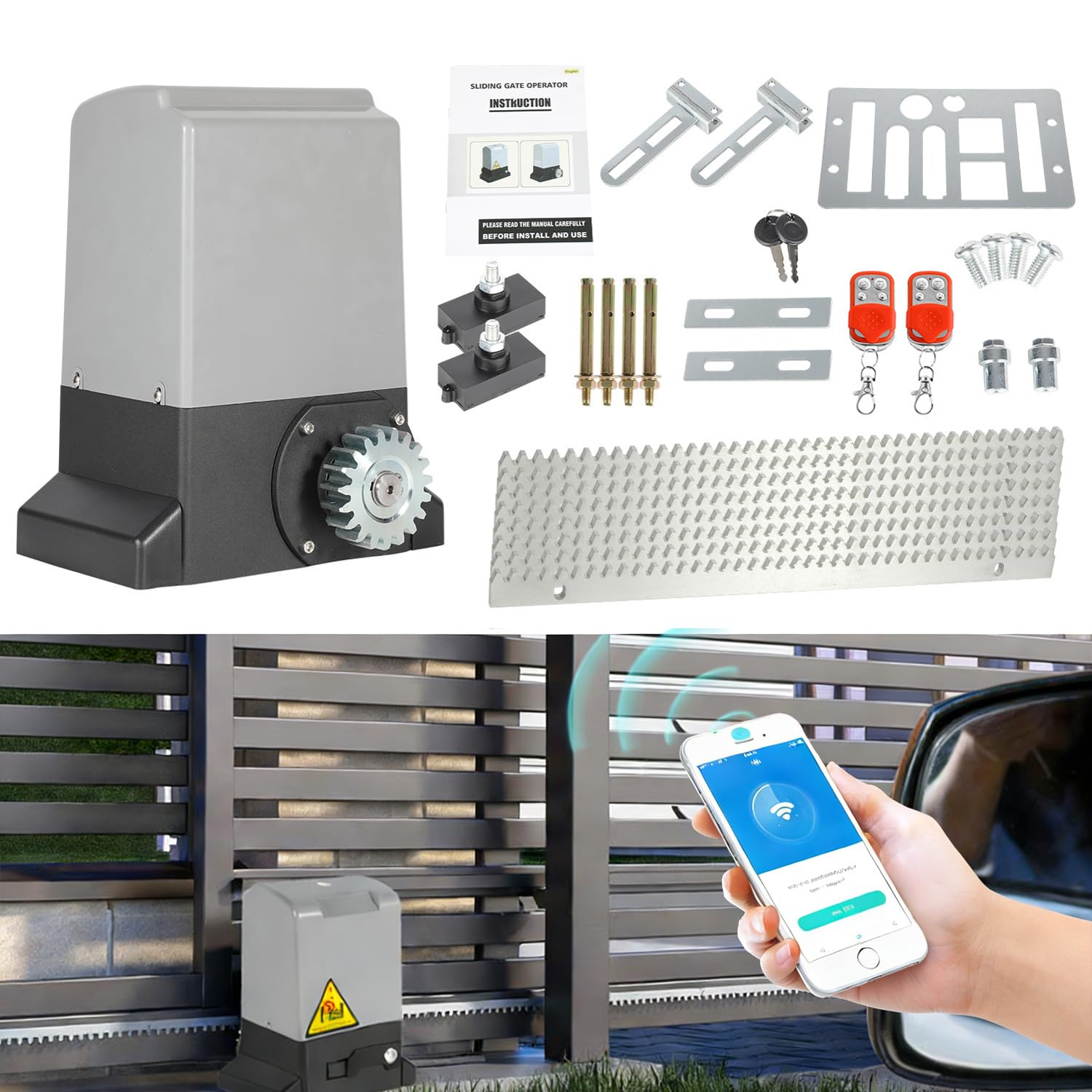 800kg 370W Smart WiFi Kit Automazione Cancello Scorrevole, Motore Cancello Scorrevole per Porte Fino a 12 m, con 2 Telecomandi, Cremagliera da 4 m e 2 chiavi