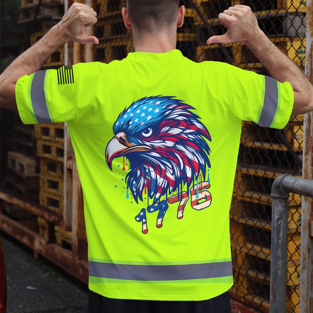 Maddly US Flag High Visibility Shirt, Custom Name Safety Reflective Workwear for Workers, Runners, Truckers, Patriotic