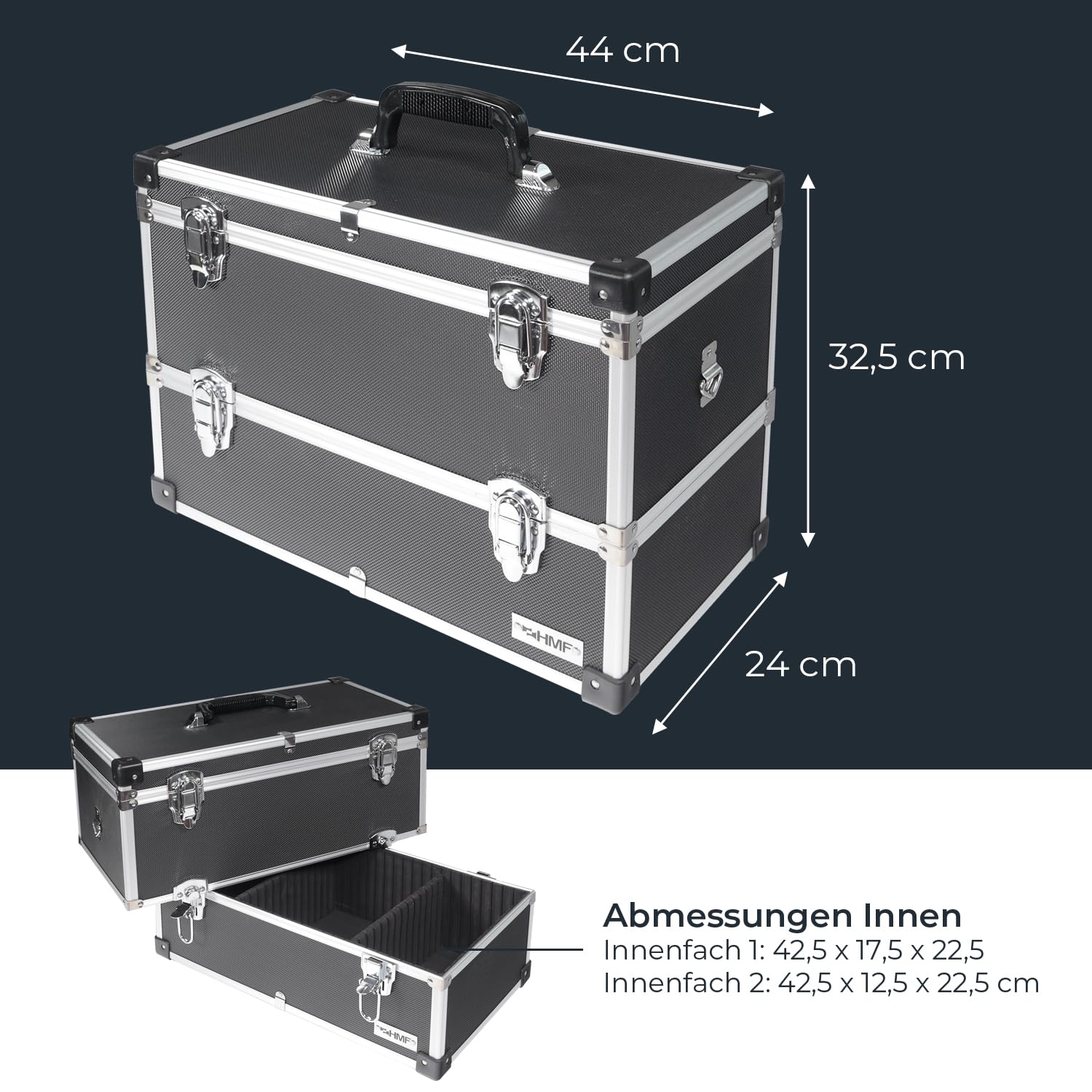 HMF 14660-02 Alu Werkzeugkoffer leer, 2 Etagen, 44 x 32,5 x 24 cm, schwarz