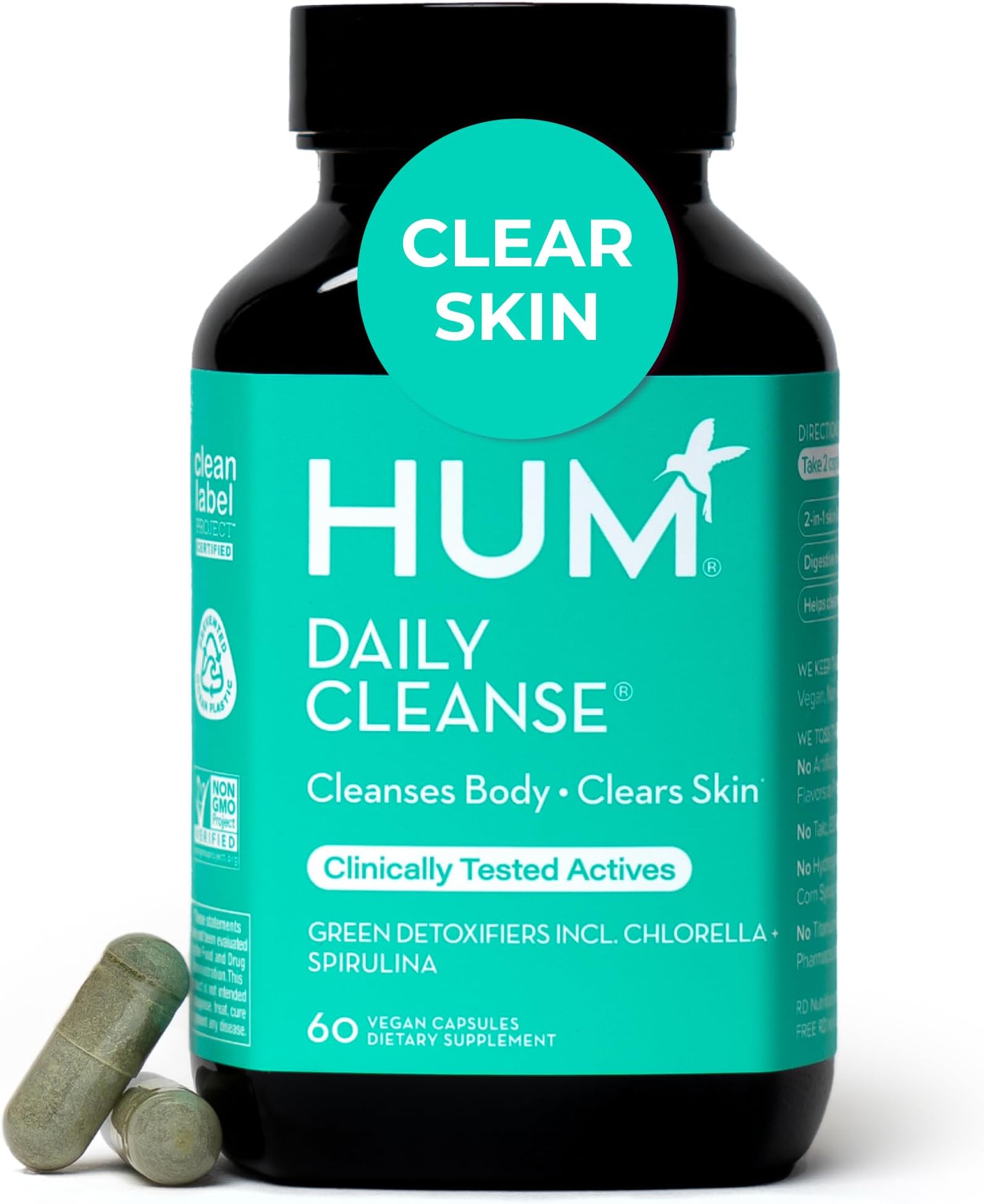 Daily Cleanse Acne Supplements - Support for Clear Skin & Improved Digestion with Organic Algae, Detoxifying Herbs, Vitamins & Minerals - Skin Supplement for Women and Men (60 Vegan Capsules)