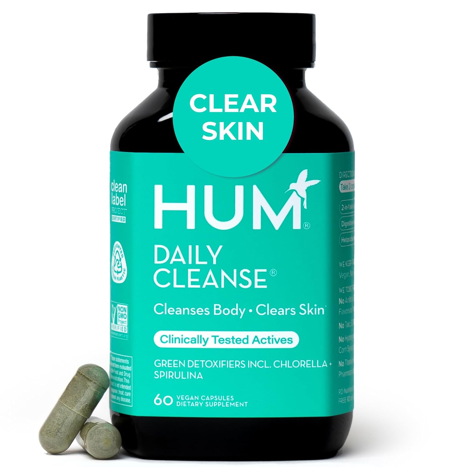 HUM Daily Cleanse Acne Supplement - Gut Cleanse Detox for Clear Skin with Organic Algae, Detoxifying Herbs, Zinc & Spirulina | Clear Skin Supplement (60 Capsules) HUM Daily Cleanse Acne Supplement - Gut Cleanse Detox for Clear Skin with Organic Algae, Detoxifying Herbs, Zinc & Spirulina | Clear Skin Supplement (60 Capsules)