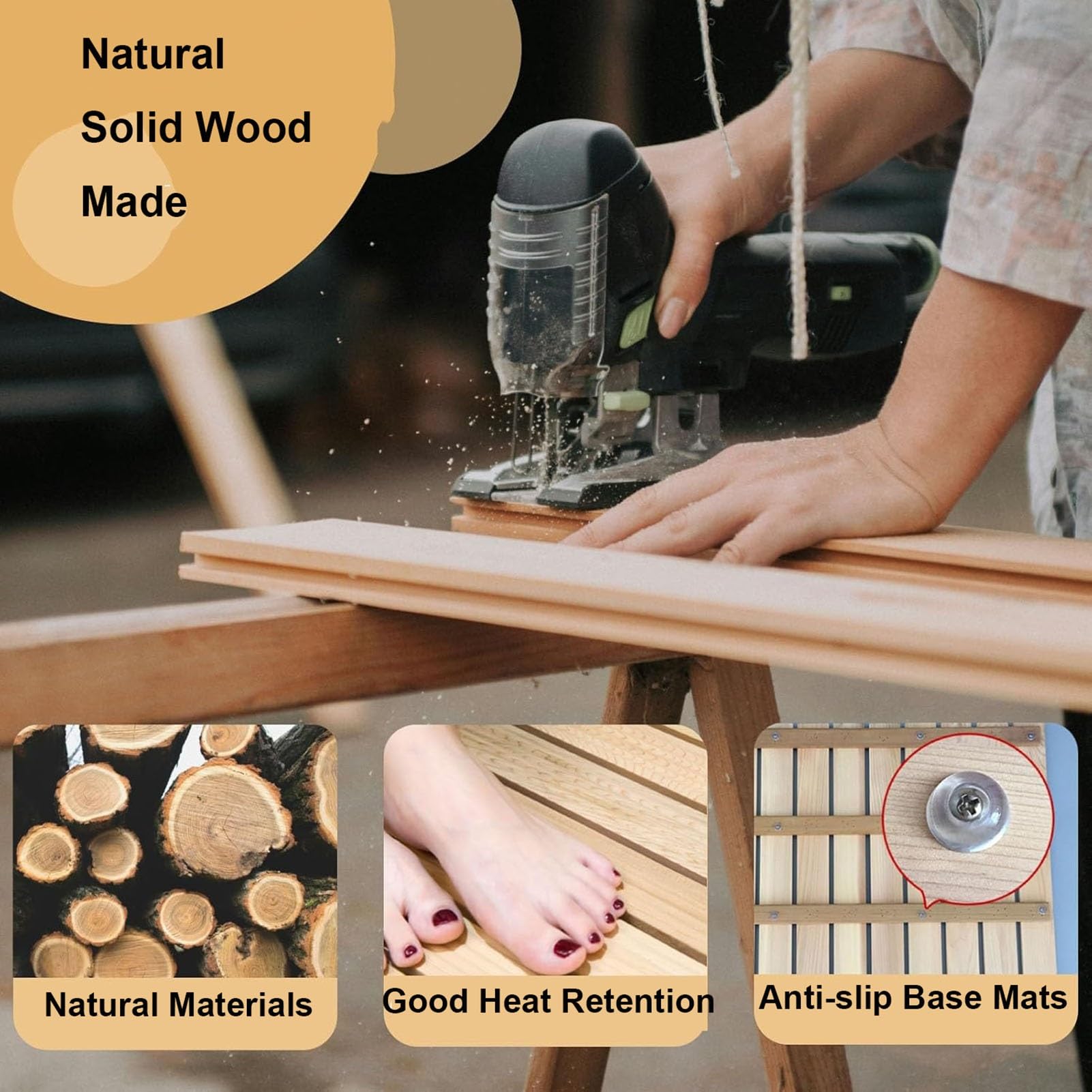 Alfombrilla de baño de madera maciza con almohadillas antideslizantes y asa para ducha y bañera, tabla de drenaje impermeable