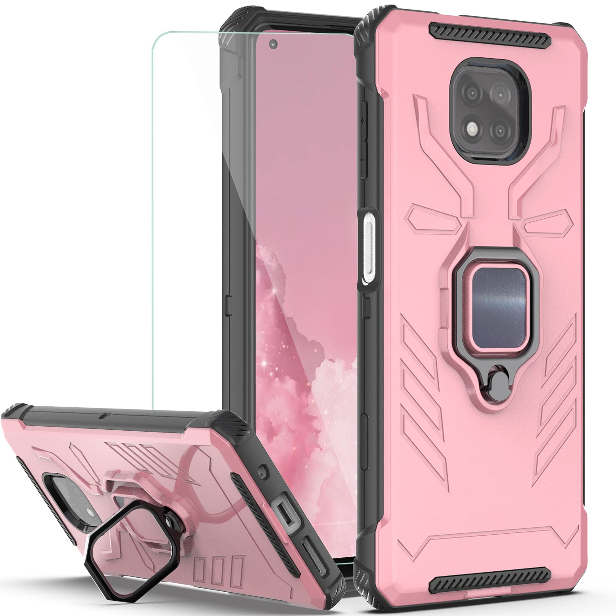 Compatible for Motorola Moto G Power 2021 Phone Case,[HD Screen Protector] Military Grade Case with Metal Ring Kickstand for G Power 2021-Rose Gold