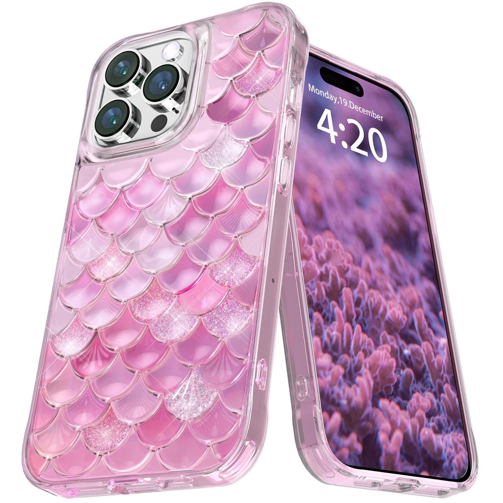 KINGXBARfor iPhone 14 Pro Case Bling Sparkle Glitter, Luxury Cute 3D Phone Case for Women Girls, Soft Clear Protective Cover Pink