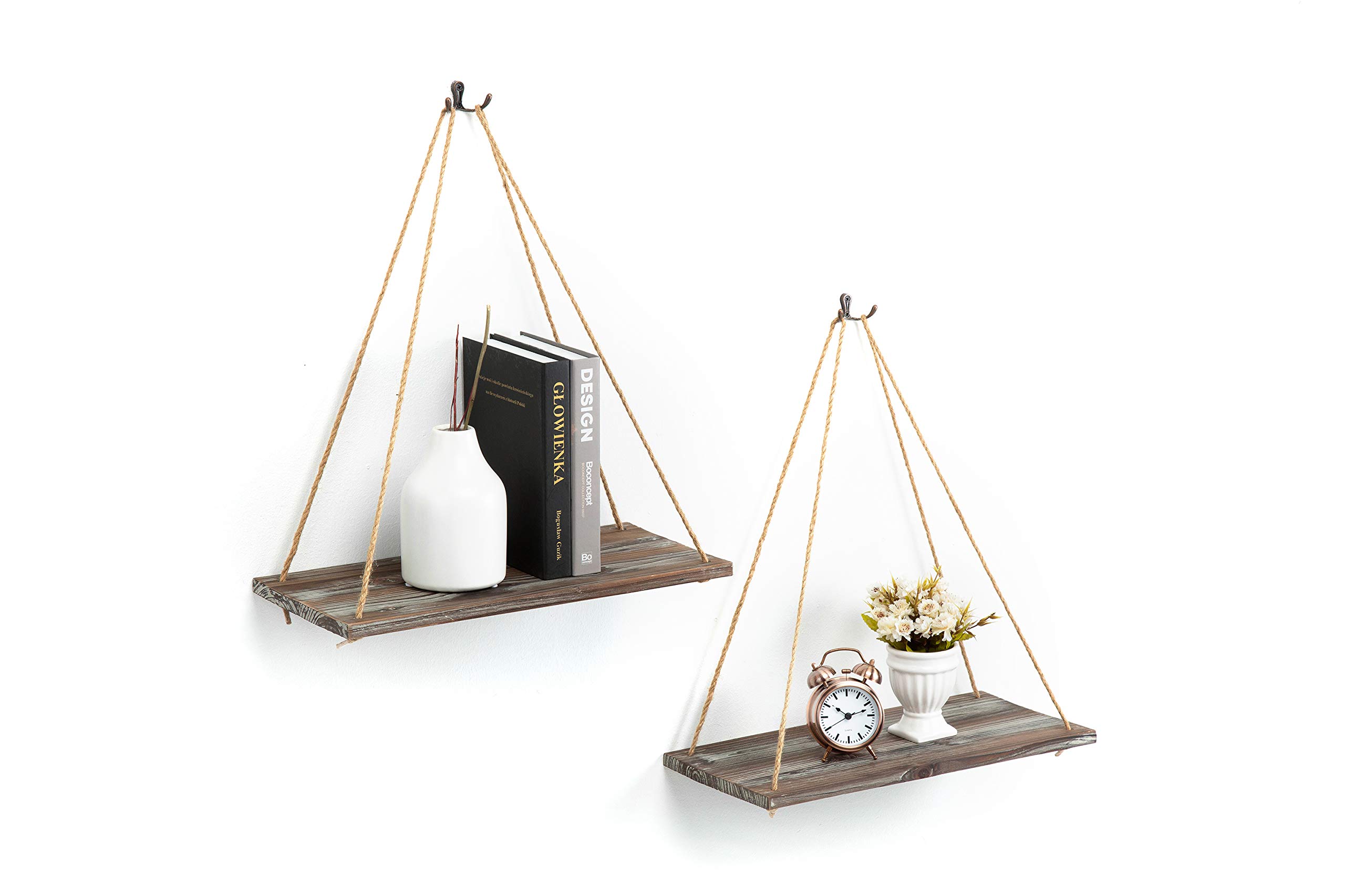 J JACKCUBE DESIGNHanging Shelves Wall Plant Shelf Floating Shelves with Rope for Bedroom Bathroom Living Room Farmhouse Boho Room Decor, Triangle Rope Rustic Wood Display Shelf(Set of 2) - MK555AA