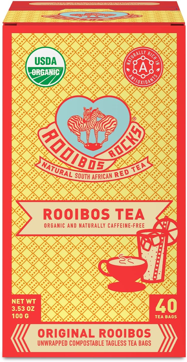 Caffeine Free Red Rooibos Tea Bags 40 - Naturally Sweet Herbal Tea Safe for Children and Pregnant Women - Low Tannin, Premium Organic Rooibos Tea Sustainably and Ethically Farmed in South Africa