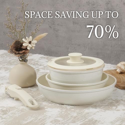 Miniatura 8 de Juego de utensilios de cocina de cerámica antiadherentes, 8 piezas, juego de ollas y sartenes, mango desmontable, juego de cocina de inducción con