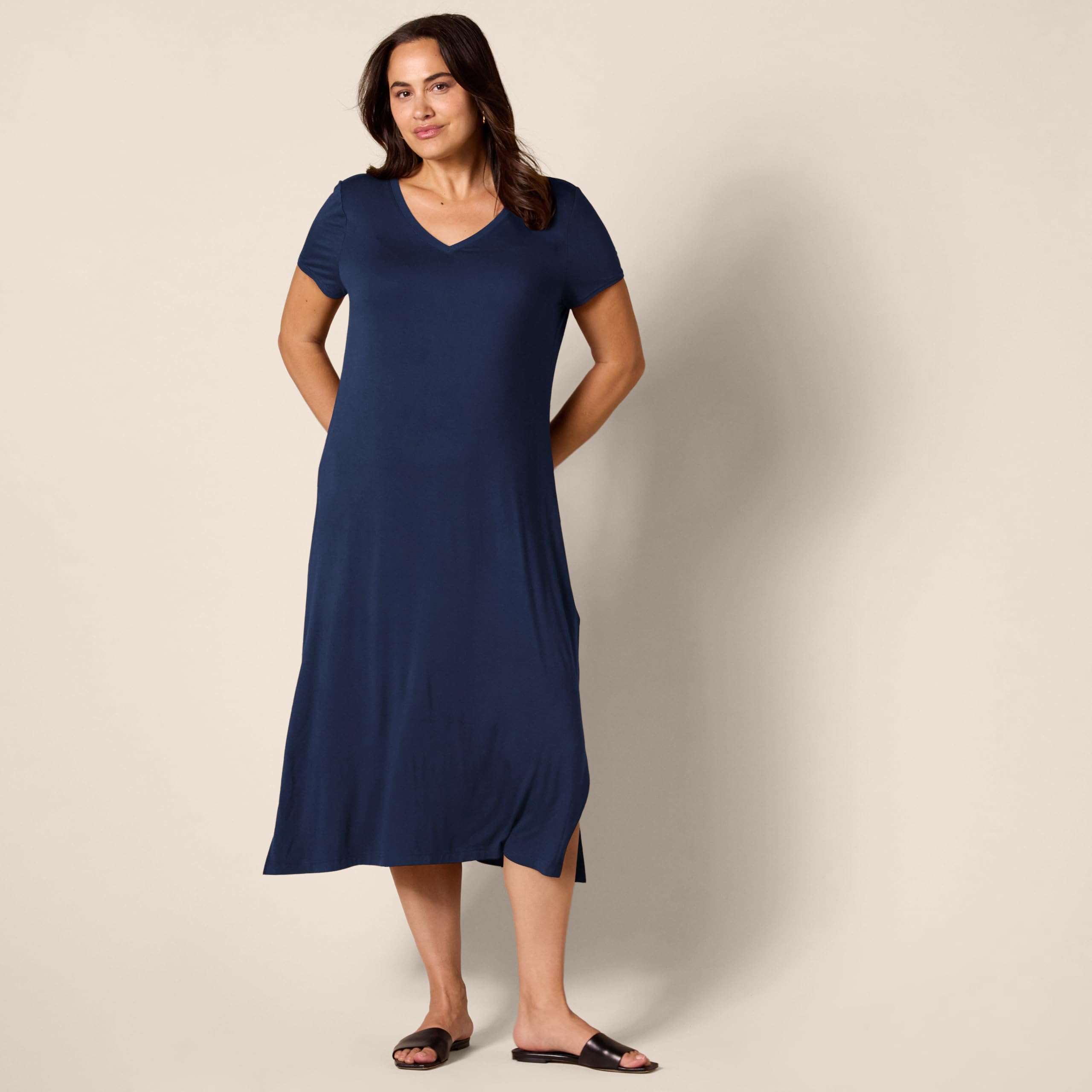 Amazon Essentials Abito Midi a Maniche Corte con Scollo a V in Jersey Donna