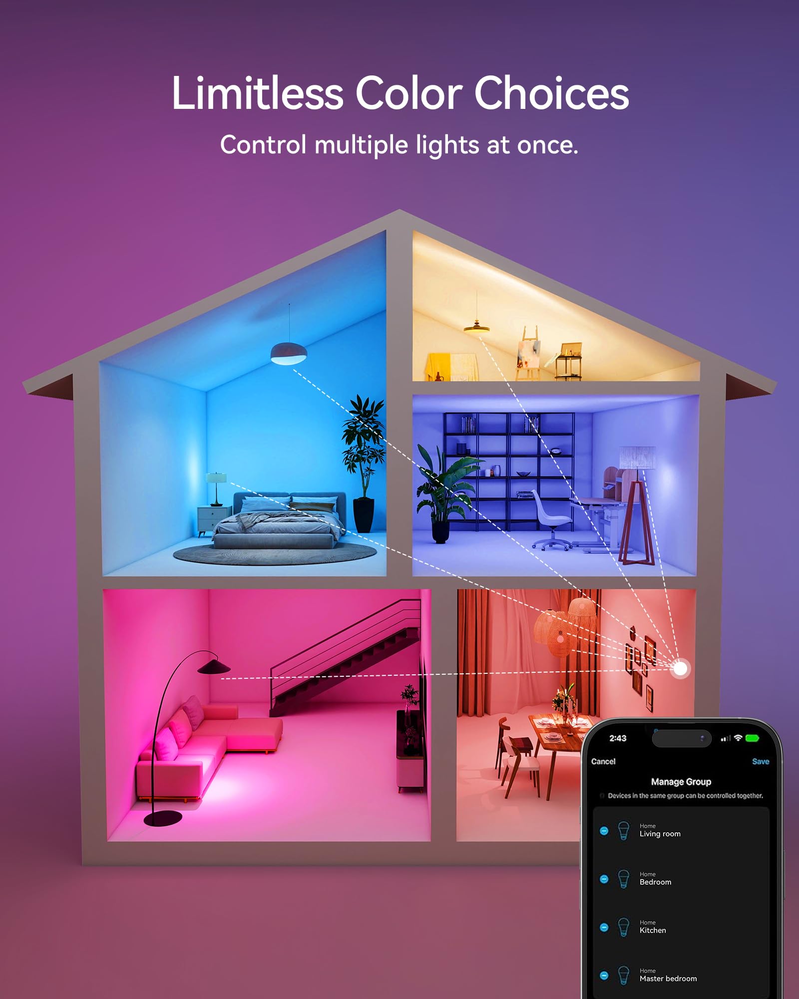 Matter Smart Light Bulbs, Color Changing Light Bulb for Halloween, hub Required,A19 60W,2.4Ghz WiFi only,Compatible with Alexa Google Assistant, Apple Home,16 Million Colors RGBCW,1 Pack