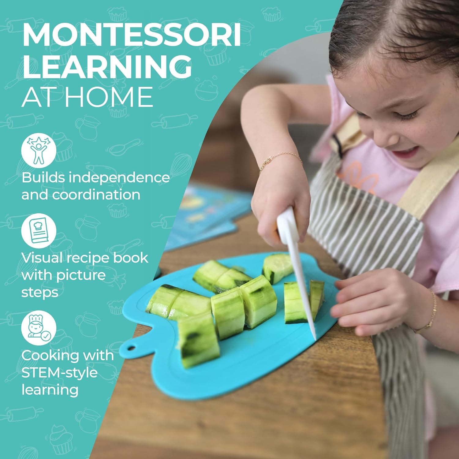 Tovla Jr. Toddler Cutting Set – Real Kids Knife & Chopper with Safety Gloves, Peeler & Visual Recipe Book – Montessori Cooking Tools Ages 3–8, Premium Gift for Kids