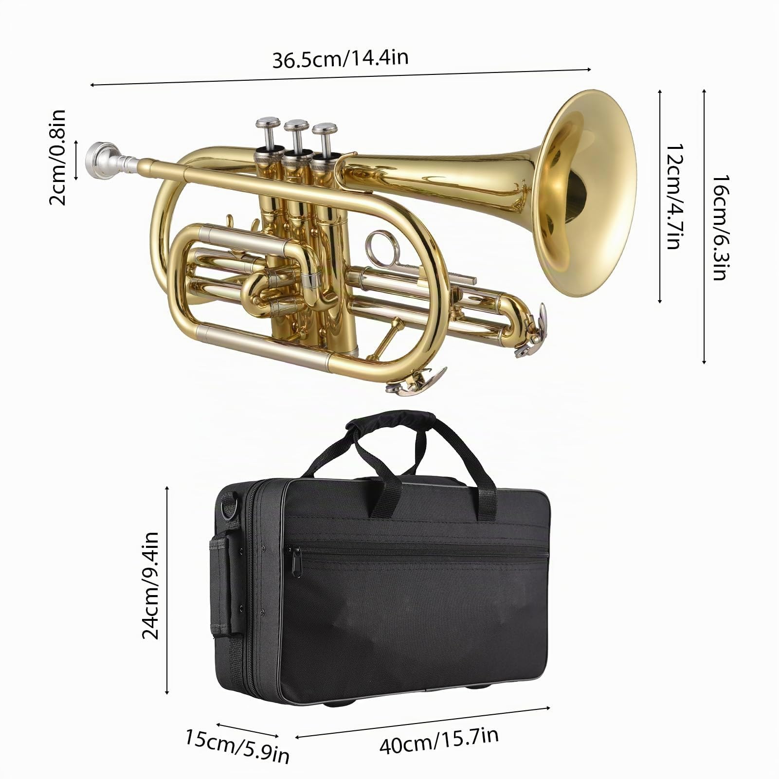 Btuty Bb Cornet, Corneta Profesional de Latón Importado con Boquilla/Estuche de Transporte Protector Ligero/Guantes/Cepillos de Paño, Trompeta para Principiantes, Campana de 4.75" / 12 cm, Oro/Plata