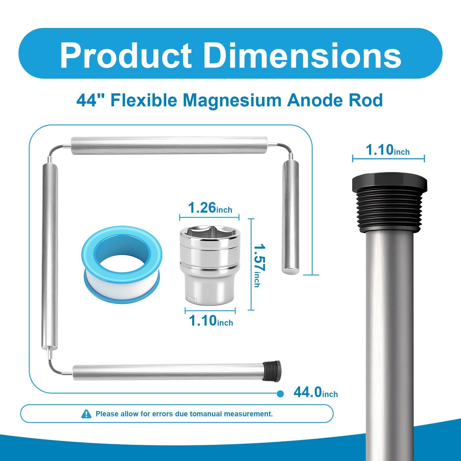 Anodo per scaldabagno al magnesio da 44 pollici compatibile con GE, Rheem | Kit flessibile NPT da 3/4" con presa da 1-1/16" e nastro in teflon; compatibile con Reliance, Richmond, Kenmore e AO Smith