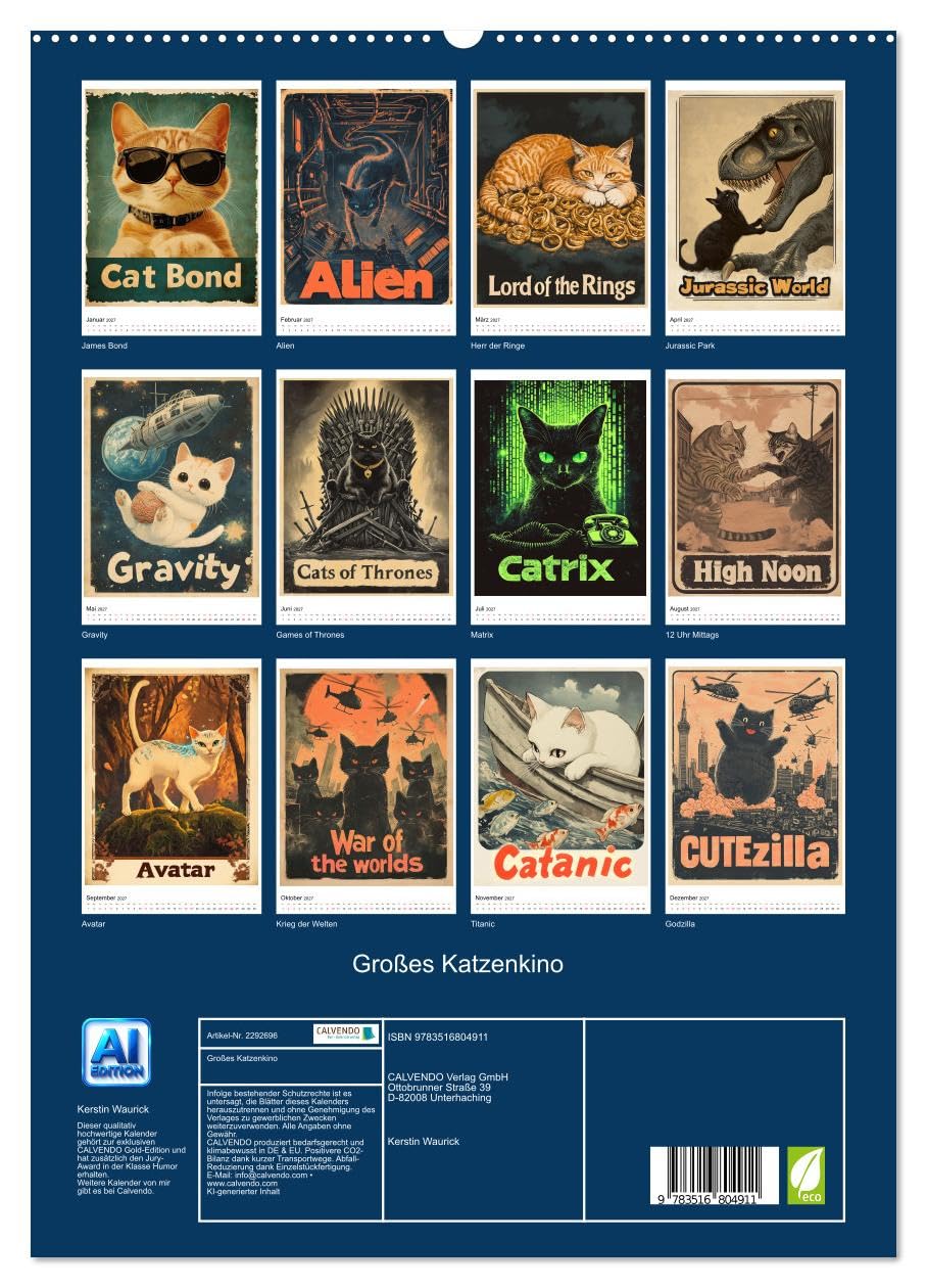 Großes Katzenkino (hochwertiger Premium Wandkalender 2027 DIN A2 hoch), Kunstdruck in Hochglanz: Kinofilme, die mit Katzen so viel realistischer wären (CALVENDO Spass)