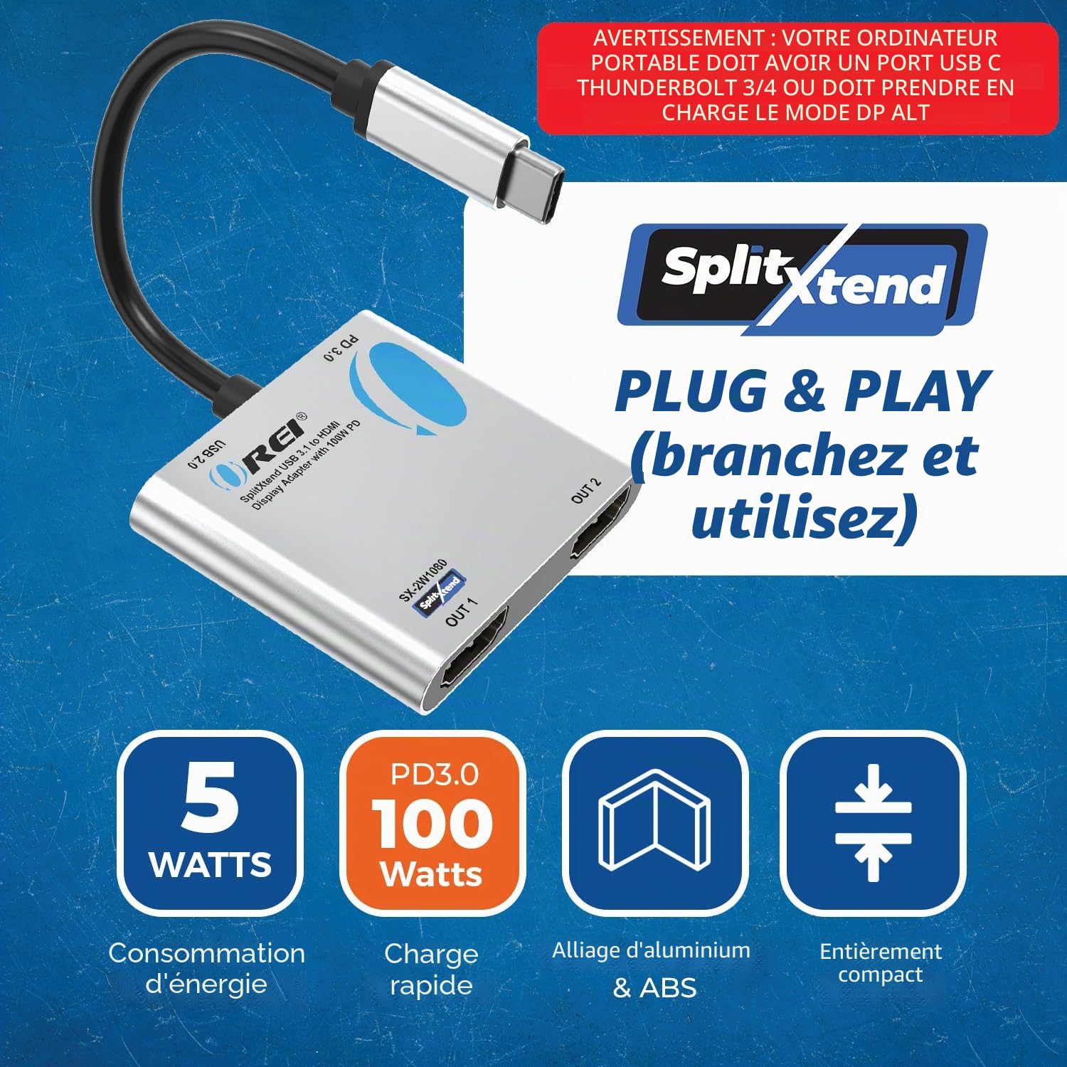 OREI SplitExtend Répartiteur HDMI avec écran étendu pour Windows uniquement double écran – Affichage multi-écrans 3 écrans séparés – Adaptateur USB-C vers HDMI 2.0, sorties 4K @ 30 Hz – Entrée PD 100