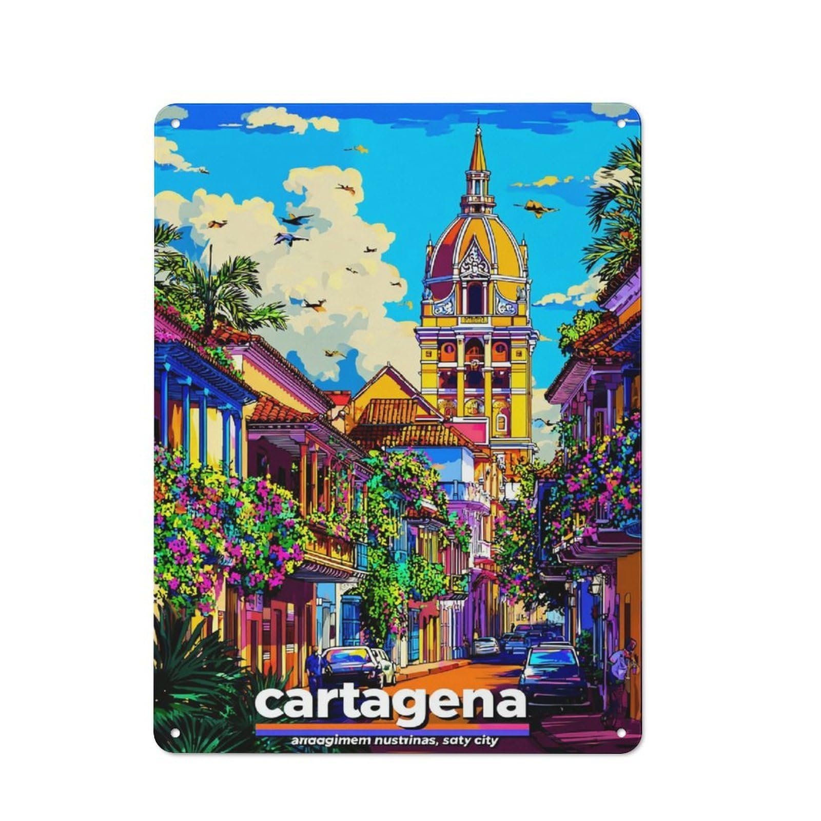 Junmoney Cartagena A Vibrant Caribbean Cityscape Rustic Tin Sign 40X30cm For Garden Room Or Summerhouse, New-Space Wall Decor For Garden Room Decor Fans