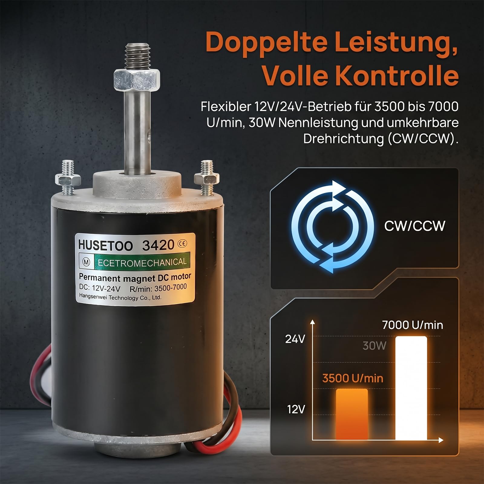 12V/24V DC Motor 30W mit 38mm Gewindewelle | 3500/7000 RPM Permanentmagnetmotor | Leiser Elektromotor für DIY & Generatoren,inklusive Motorhalterung