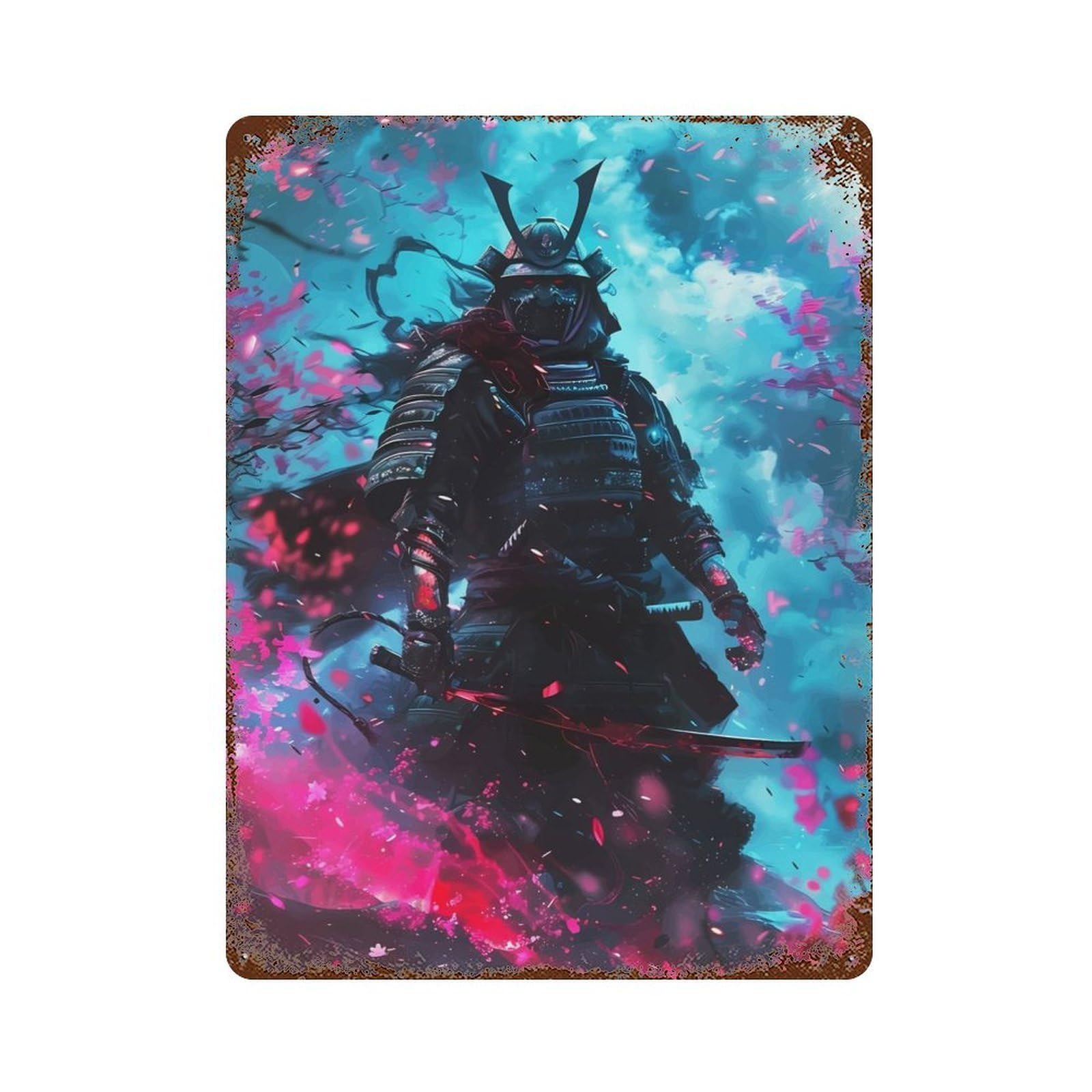 Eternal Samurais Vigil Aged Metal Wall Plaque 15.7"x11.8", Farmhouse Wall Decor for Patio, Garden Room And Bar Decor