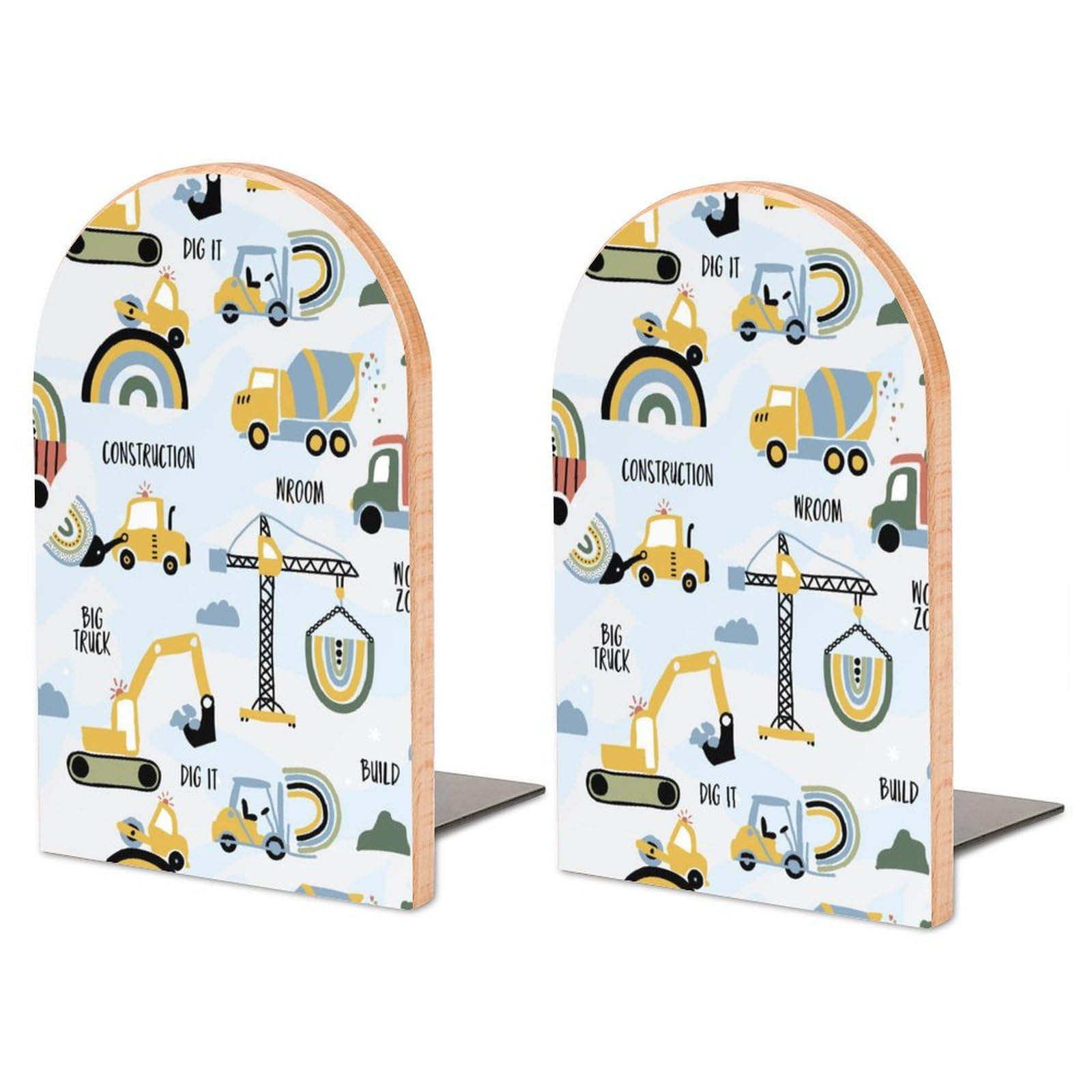 Construction Trucks Backhoe Bulldozer Book Ends Heavy Duty Wooden Bookends for Shelves to Hold Books Non-Slip Sturdy Decorative Book Stoppers for Office Home Kitchen Library