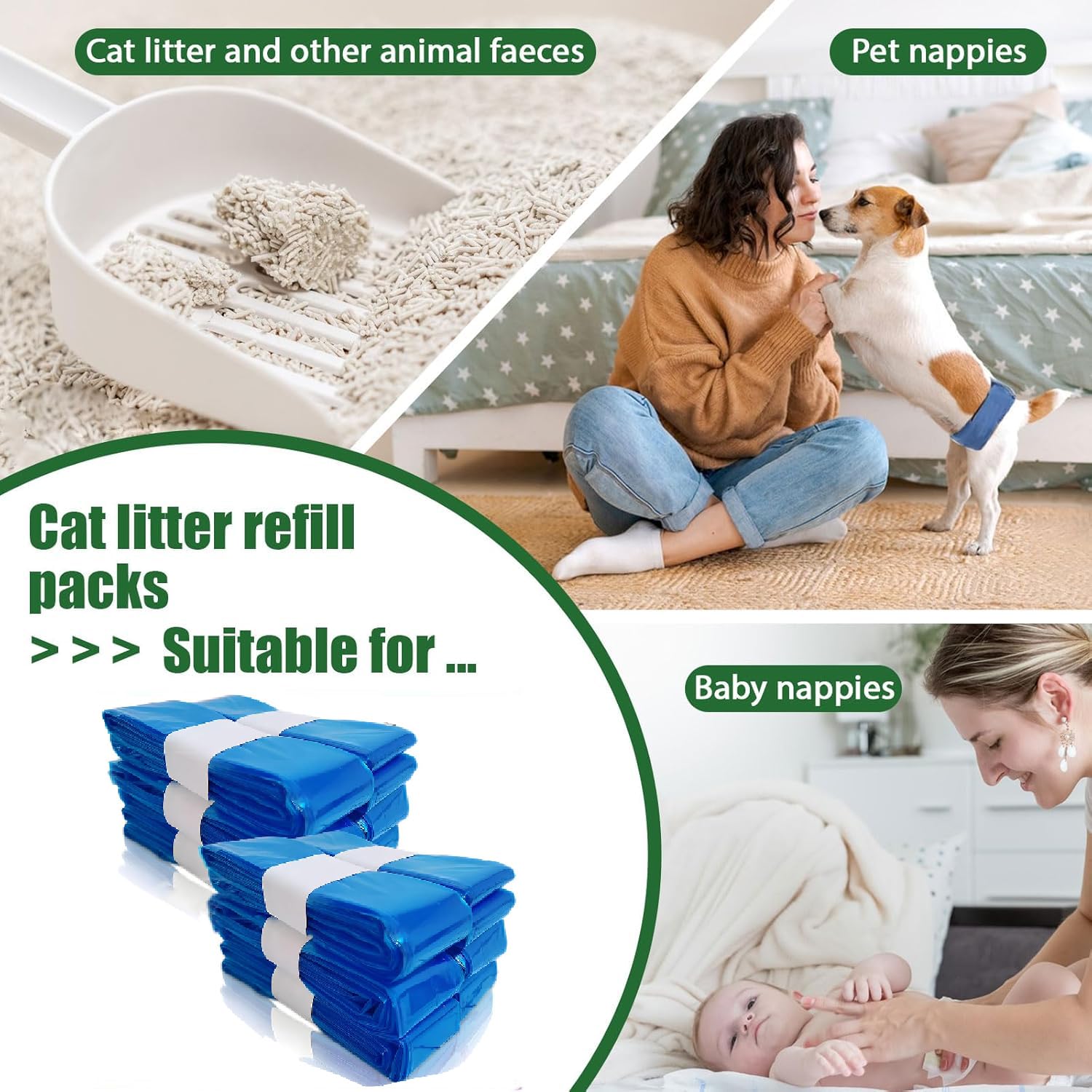 Lot de 12 Sac Poubelle Litière pour Chat | Compatible avec Tous Les Seaux à Couches, Compatible avec Seaux à Litière pour Chats