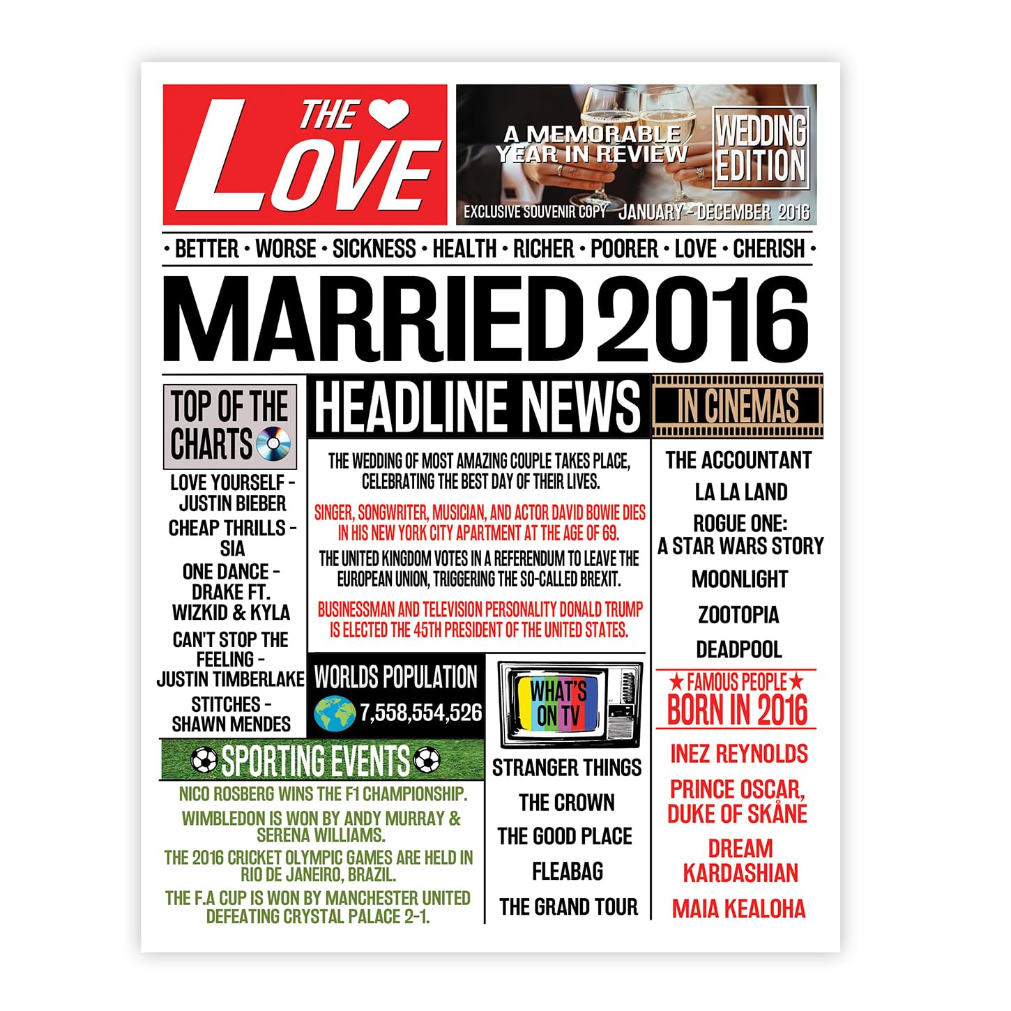 Stuff4 Men's 2016 10Th Anniversary Poster Unframed - Married In Newspaper - Happy 10Th Wedding Anniversary For Wo Vintage Retro Back In 8X10 Inch Anniversaries Posters