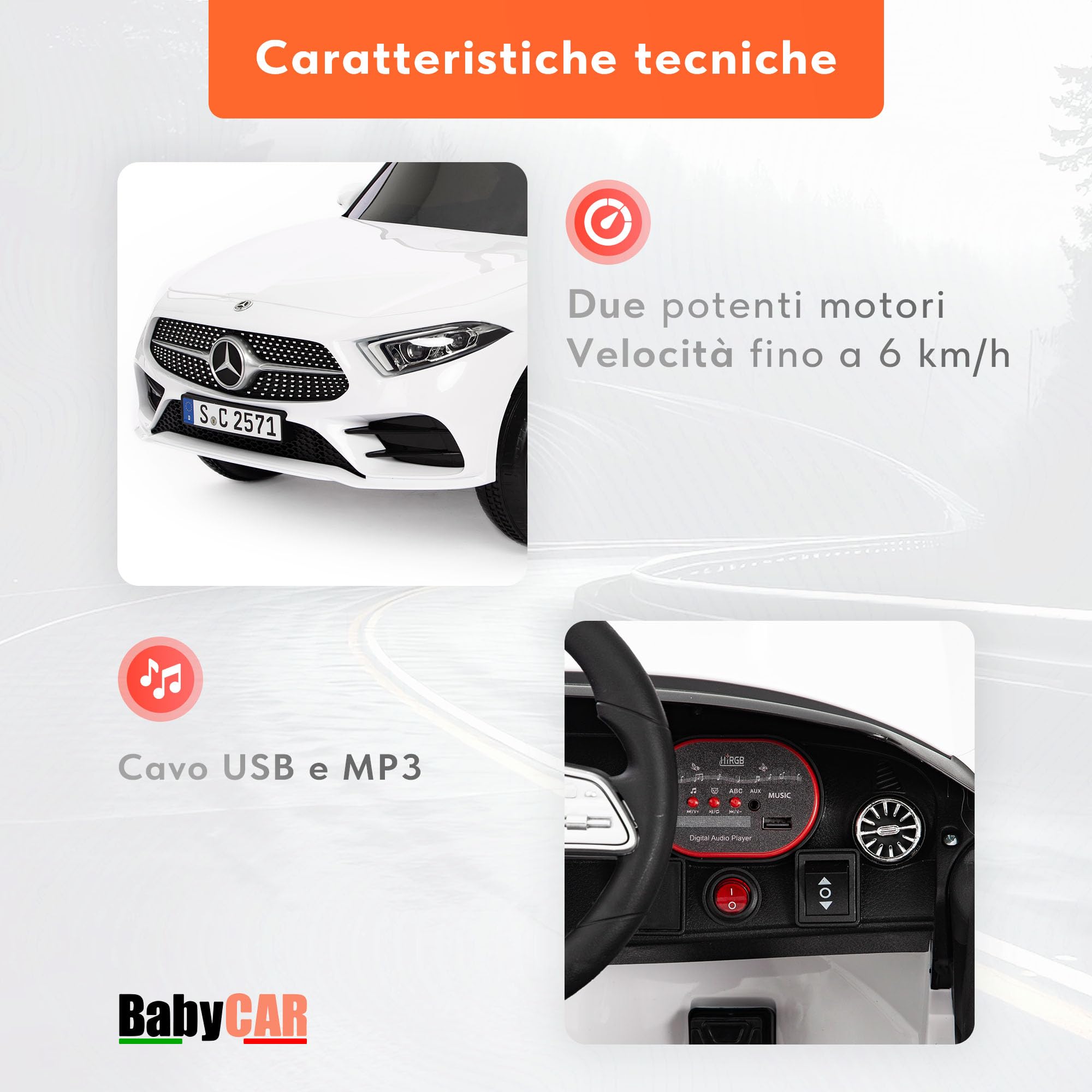 BabyCar Mercedes CLS 350 AMG | Macchina elettrica per bambini 12V 2x25W | Auto elettrica per bambini telecomandata, sedile pelle, porte apribili, MP3/USB | Licenza ufficiale | Bianca | Occhiali-Targa
