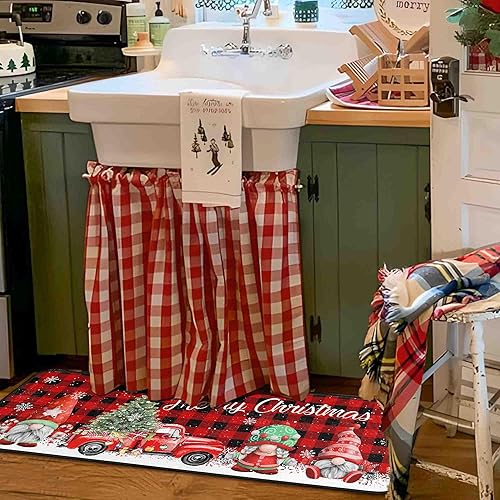 Miniatura 9 de Juego de 2 alfombras y tapetes de cocina de Navidad con diseño de camión rojo a cuadros de búfalo, gnomos de árbol de Navidad, nieve, invierno,