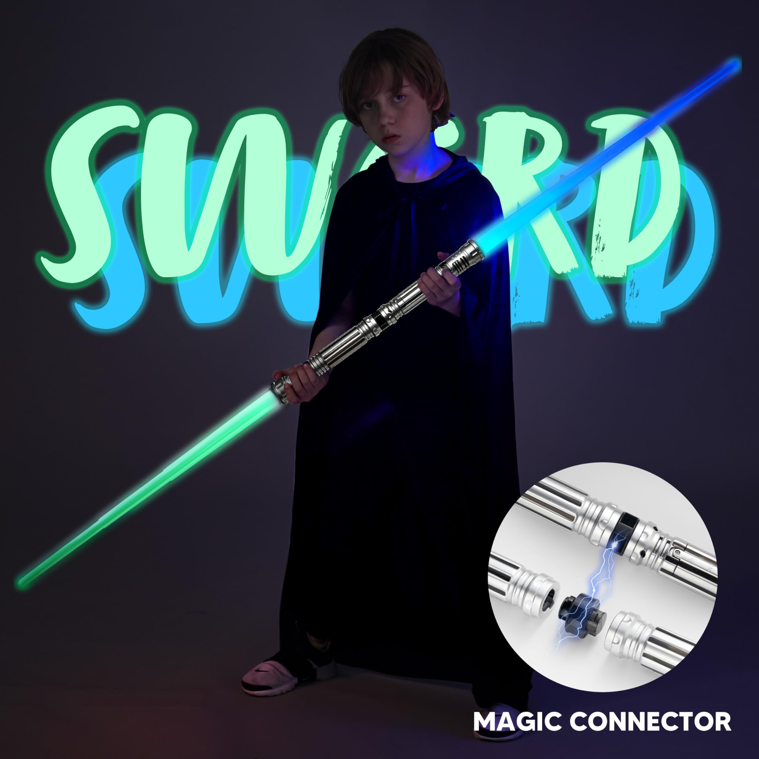 Paquete de 2 espadas iluminadas de 7 colores para niños, juego de espadas LED extensibles dobles con sonido FX (sensible al movimiento) y mango plateado para luchadores y guerreros, regalo de 2