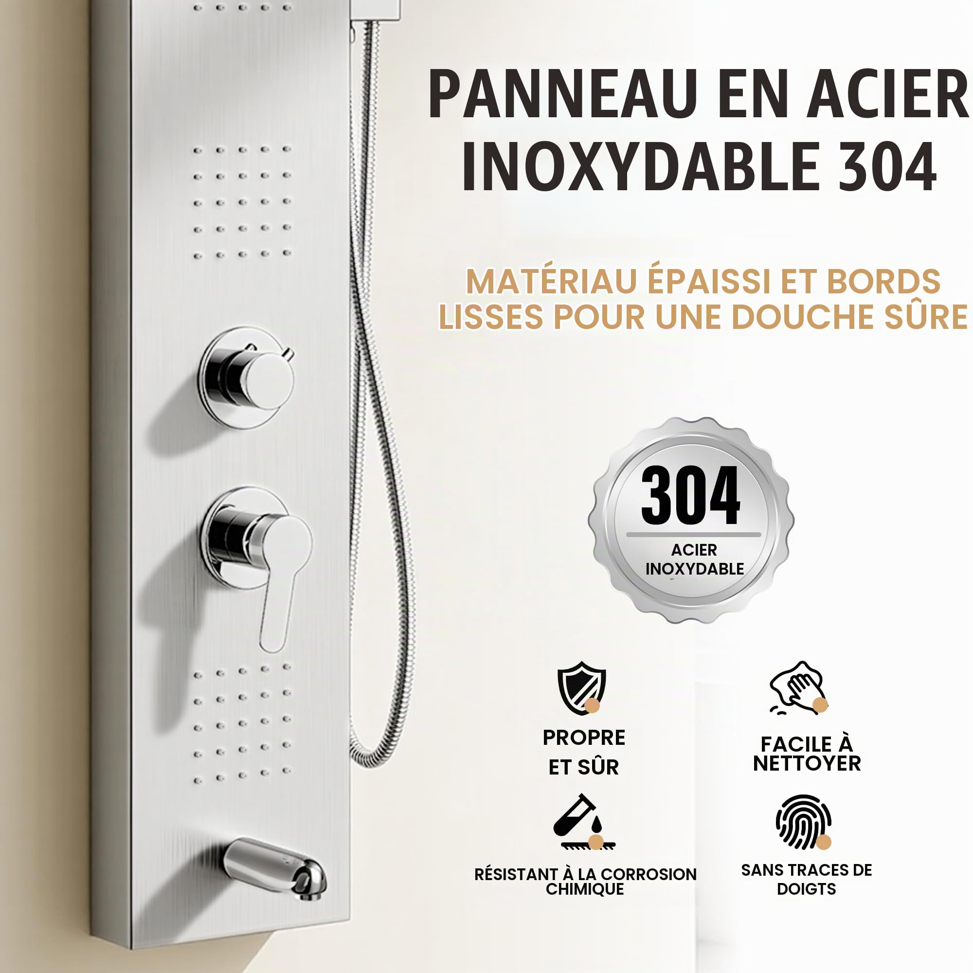 Colonne de Douche Hydromassante STANEW,Affichage LED la Température,Robinet 5 Fonctions,Pluie, Cascade,Massage, Bec de Baignoire et Pomme de Douche avec Tuyau,Acier Inoxydable Brossé 1100 mm (Gris)