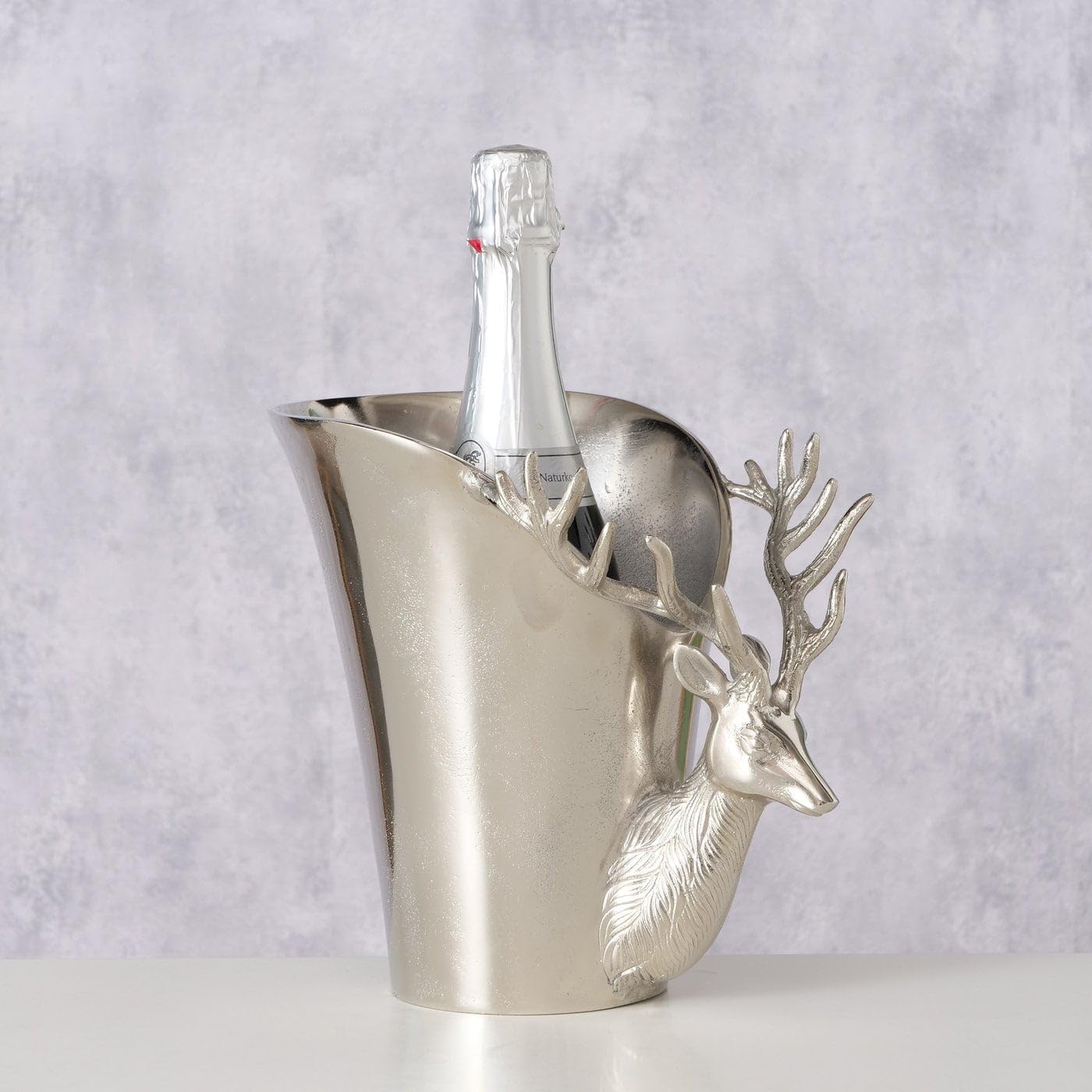 Silber Sekt- und Weinkühler mit Hirschmotiv, Aluminium vernickelt, 23 cm Länge