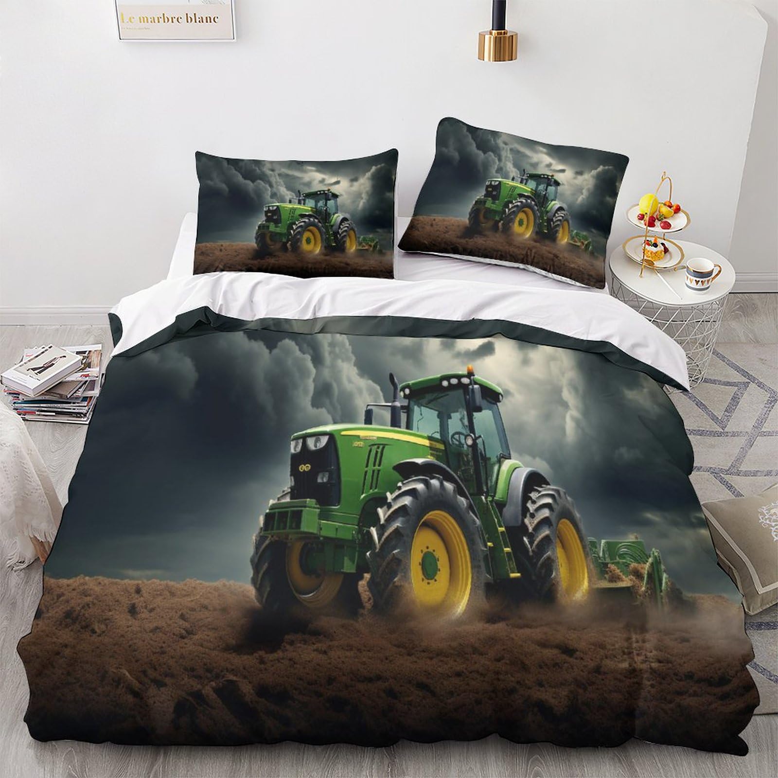 OPSREY Tractors Duvet Cover, Polycotton Quilt Cover With PillowCases Sleeping Aid Traktoren Comforter Set with Hidden Zipper Microfiber Kids Adults Boys Girls Double（200x200cm）