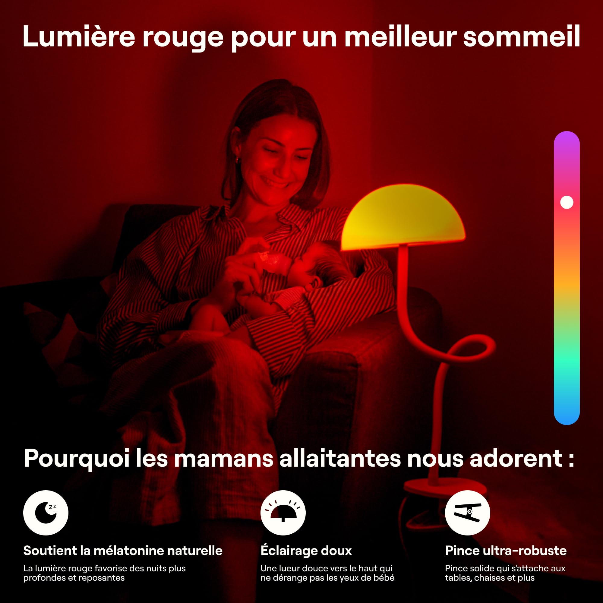 Lampe de Chevet À Pince LED Multicolore Changeante avec Adaptateur, Lampe de Lecture Lit, Lumière de Bureau, Tête de Lit (Blanc)